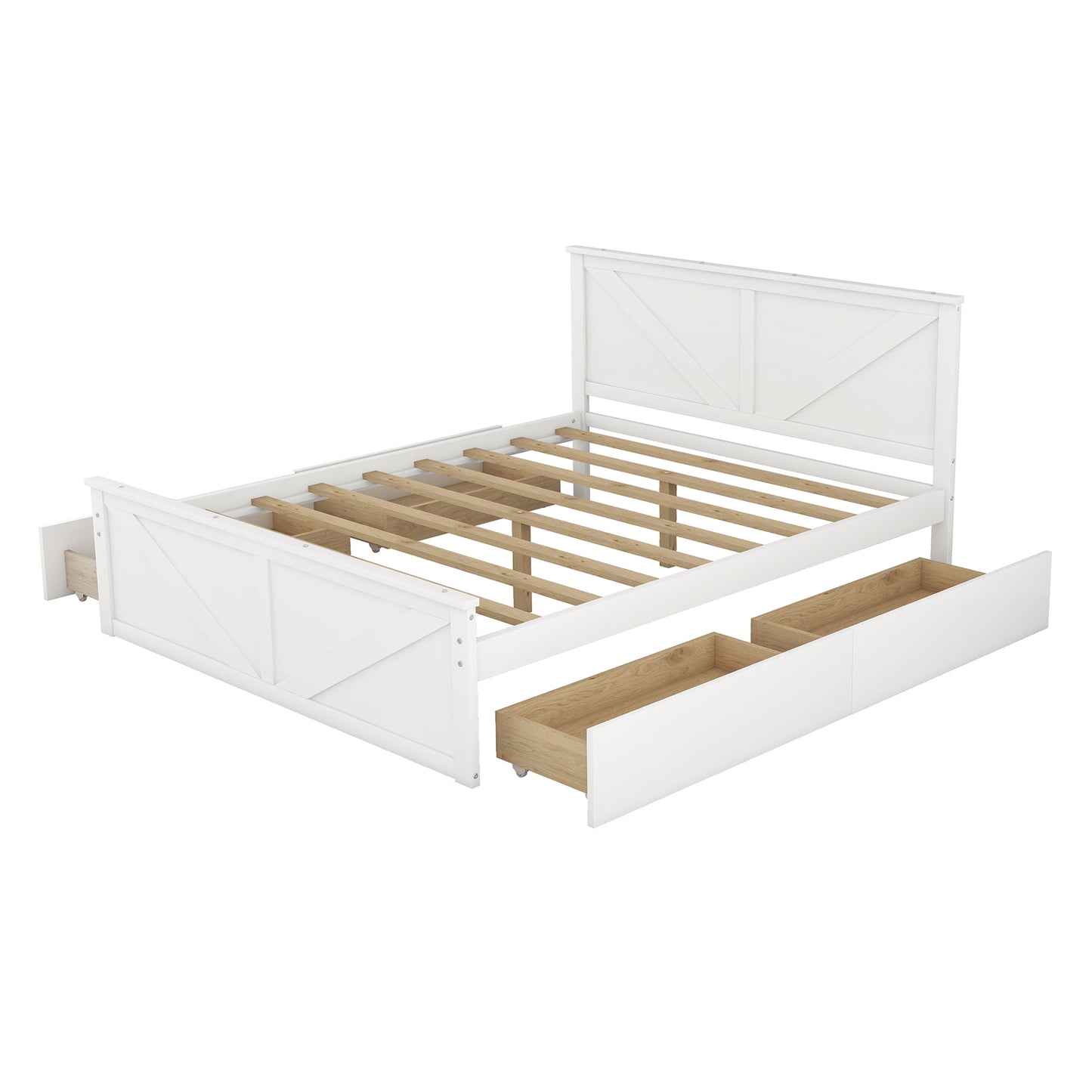 Queen Size Wooden Platform Bed with Four Storage Drawers and Support Legs, White