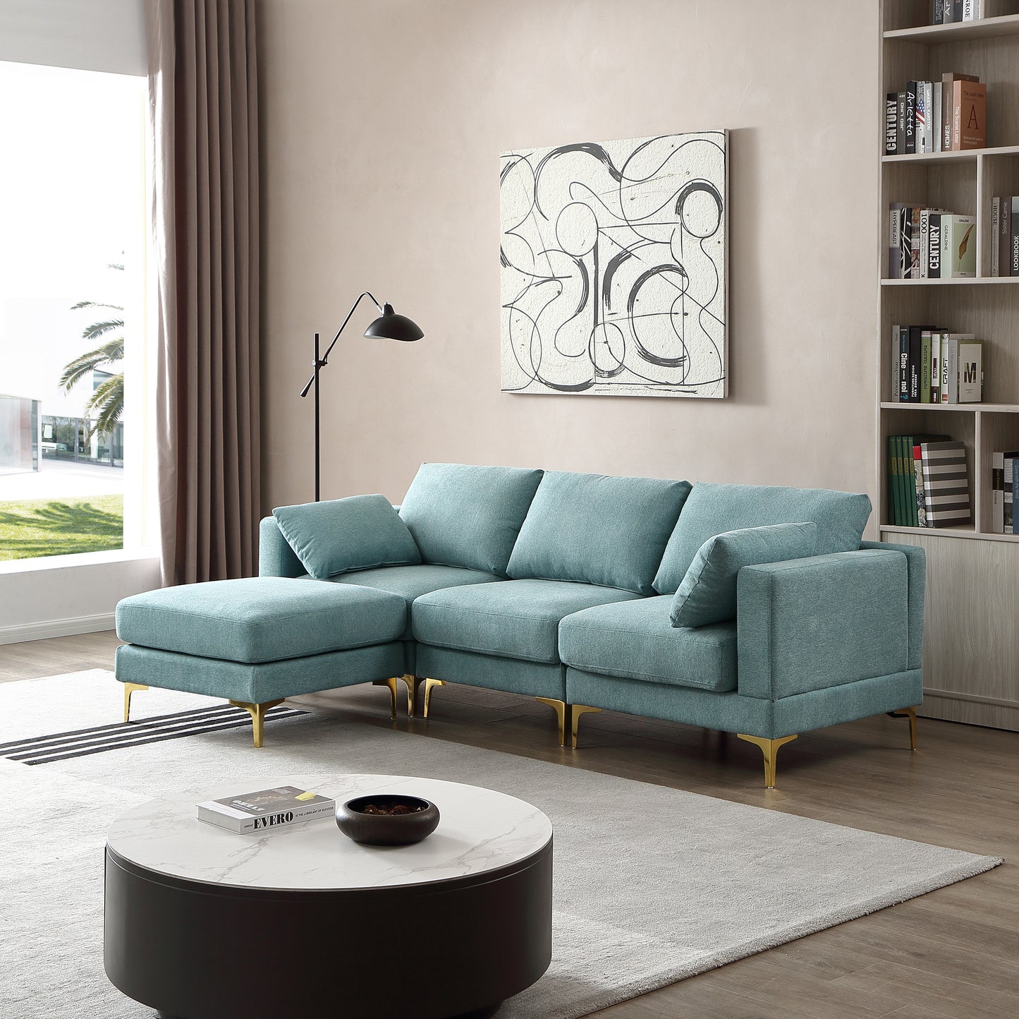 ADF Living Room Furniture Modern Leisure L Shape Couch Turquoise Fabric