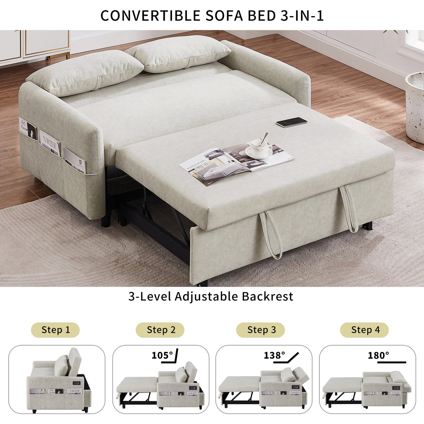 Adjustable Pull Out Sleep Sofa Bed Loveseat Couch with Storage Pockets, USB Ports, Beige