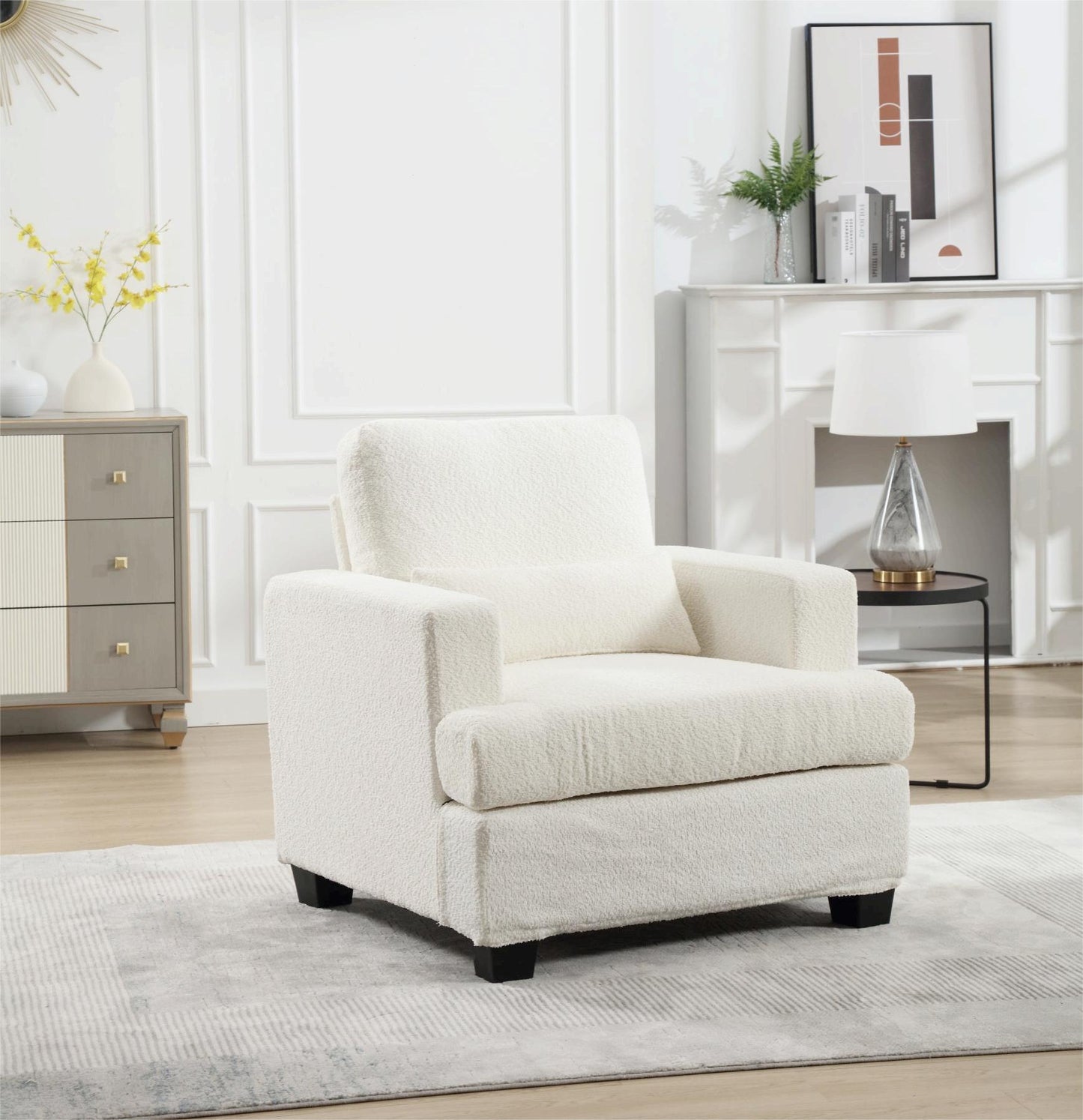 Contemporary 37 Modern Chair with Square Armrest, Removable Back Cushion, and Waist Pillow (White & Gray Fabric)