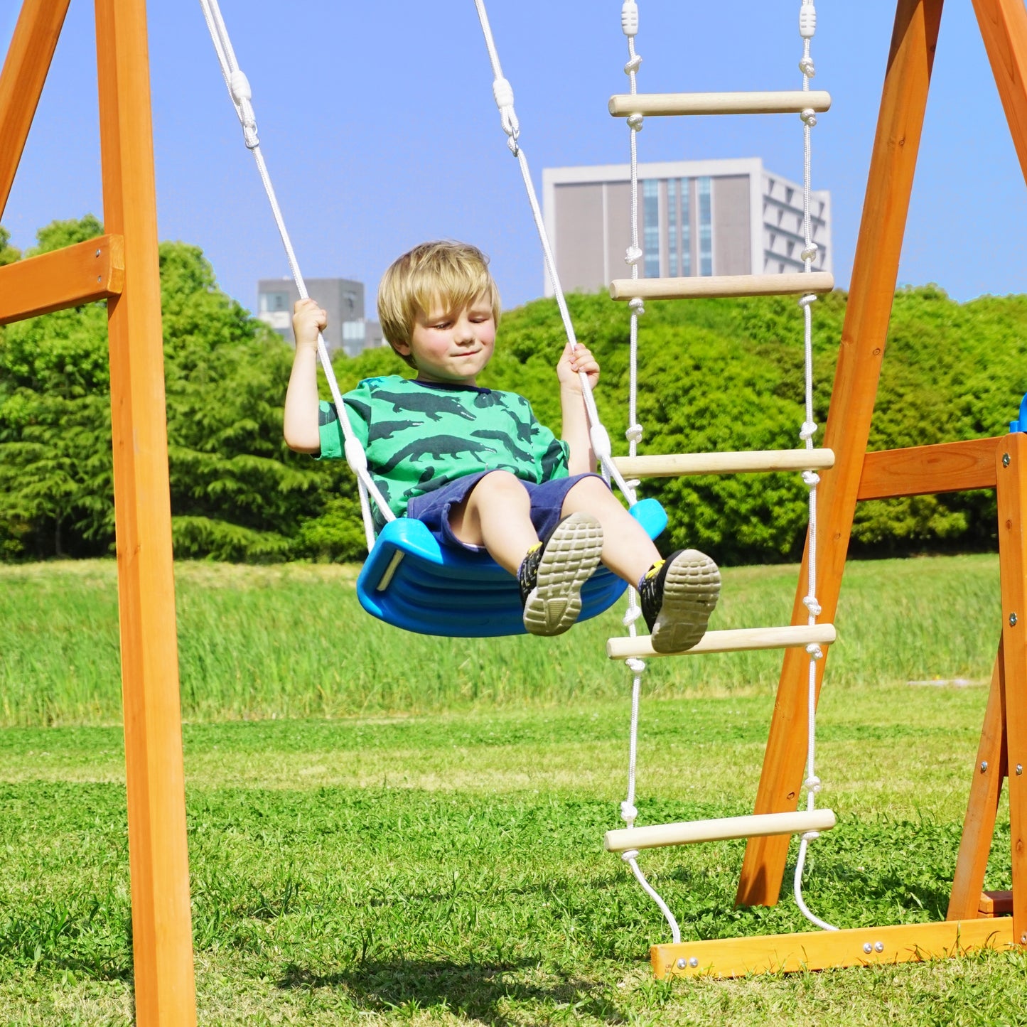 Wooden Outdoor Swing Set with Slide, Climbing Rope Ladder, and Swing for Kids