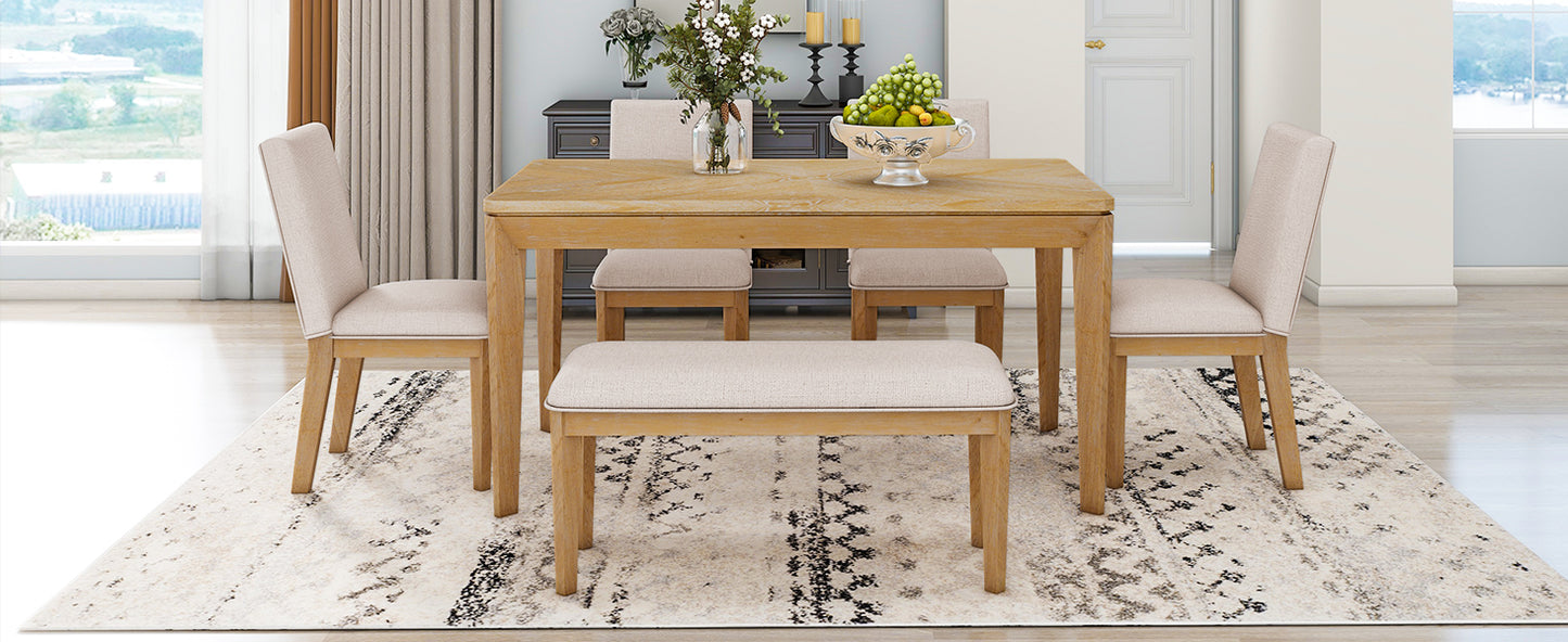 6-Piece Dining Table Set with Upholstered Dining Chairs and Bench,Farmhouse Style, Tapered Legs, Natural+Beige