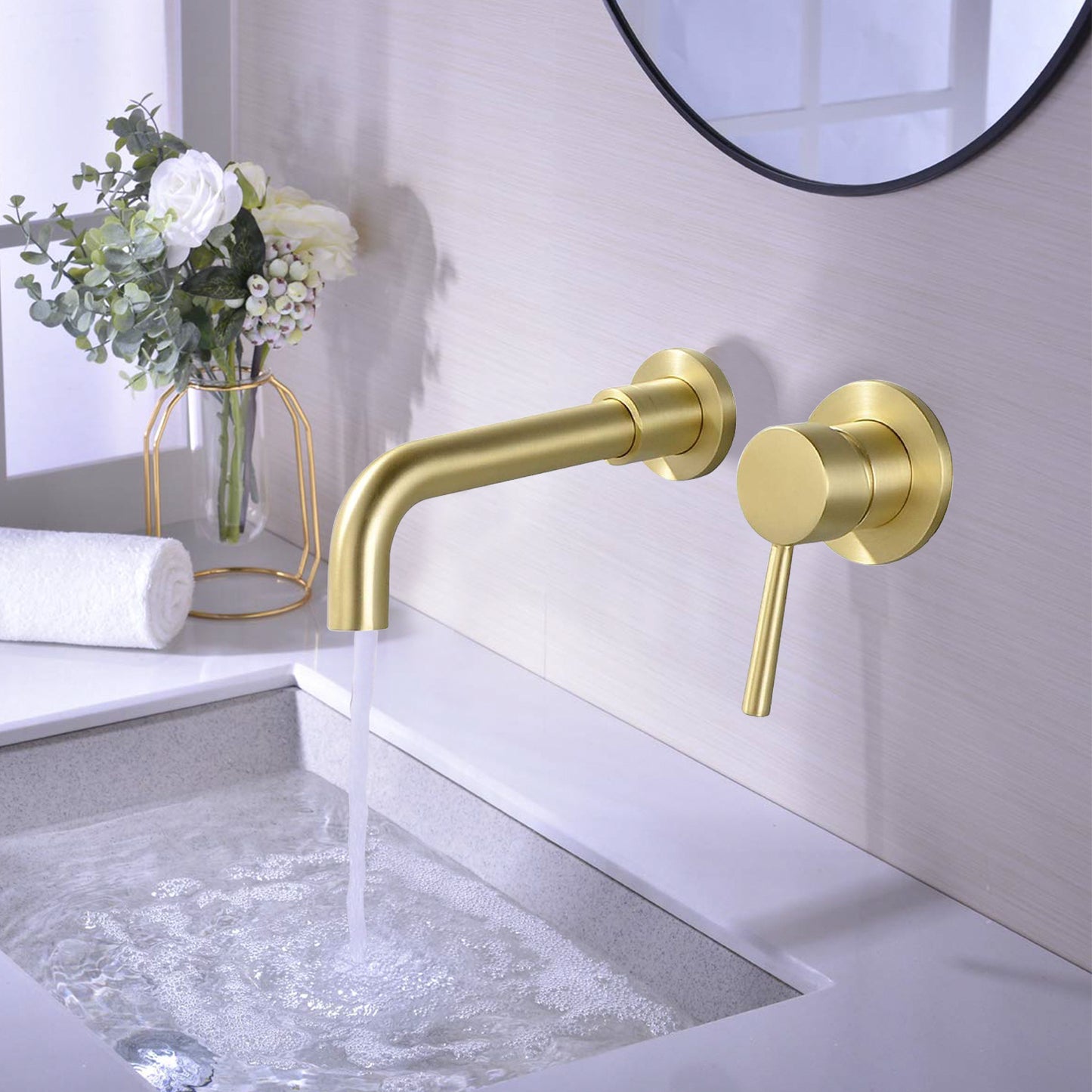 Contemporary Brushed Gold Wall Mount Bathroom Faucet with Rotating Spout