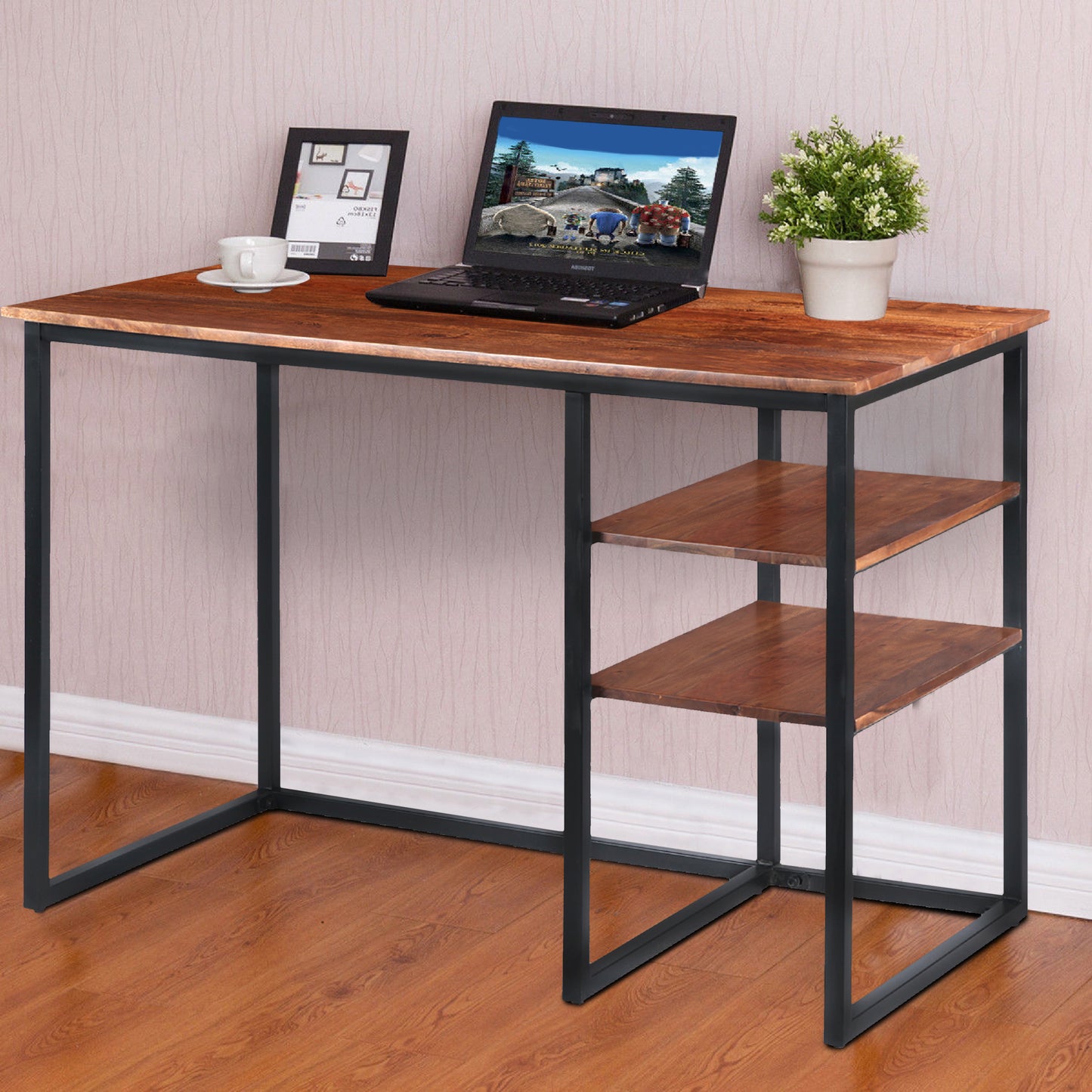 45 Inch Tubular Metal Frame Study Desk with Wooden Top and 2 Side Shelves, Brown and Black