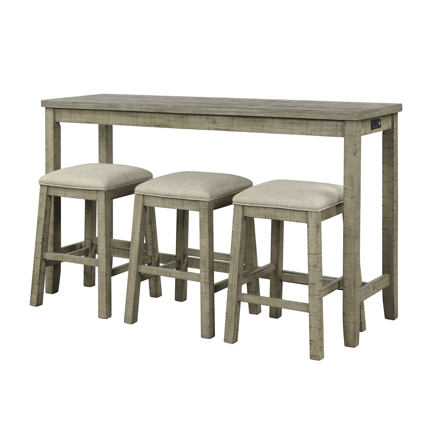 4 Pieces Counter Height Table with Fabric Padded Stools,Rustic Bar Dining Set with Socket,Gray Green