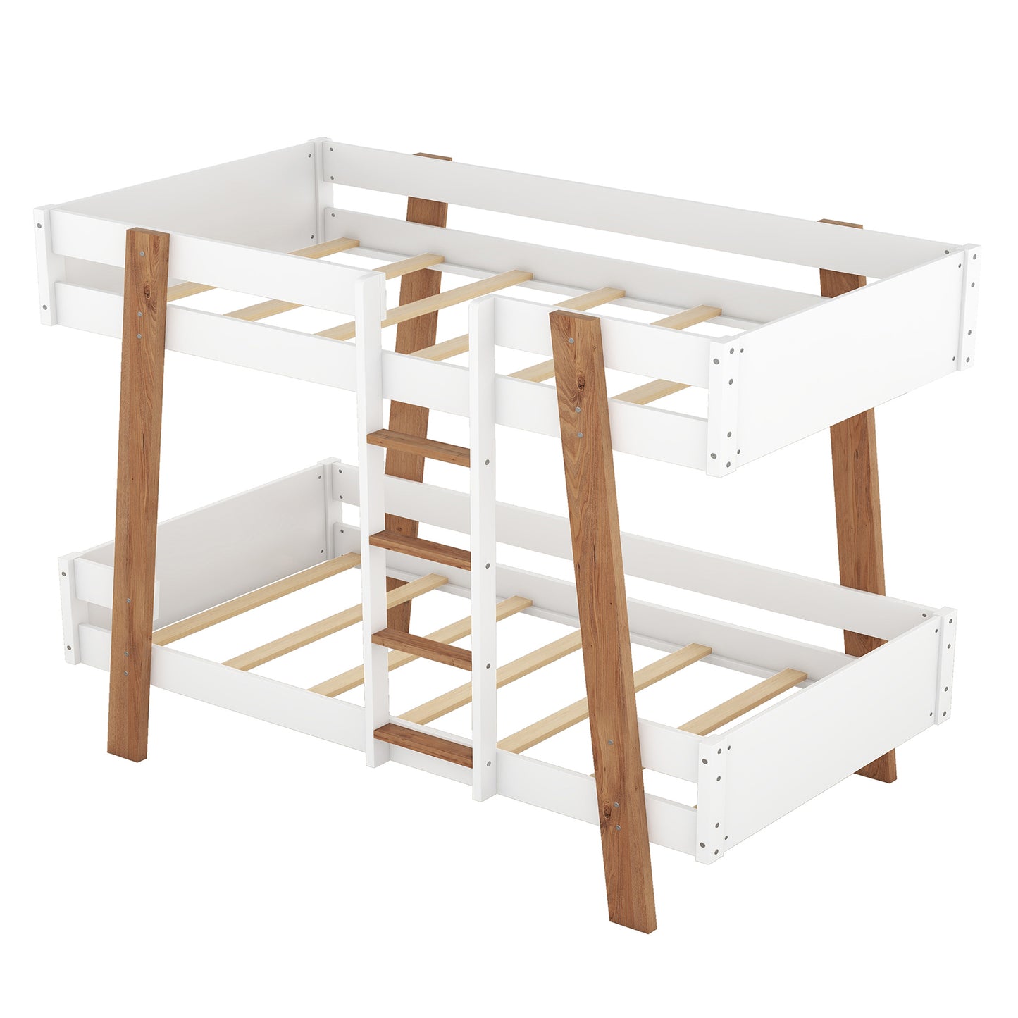 Rustic White Twin Size Bunk Bed with Wooden Columns and Attached Ladder