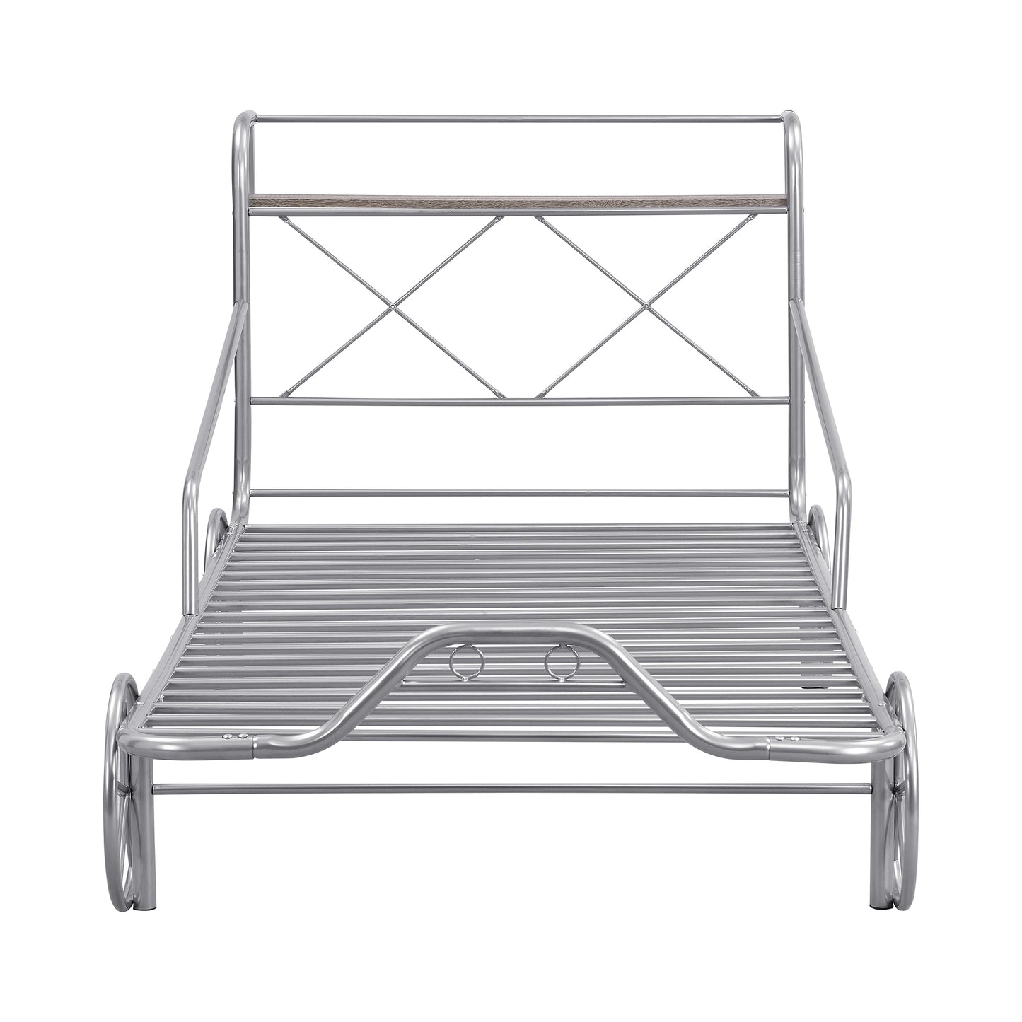 Twin Size Metal Car Bed with Four Wheels, Guardrails and  X-Shaped Frame Shelf, Silver(: MF297599AAN)