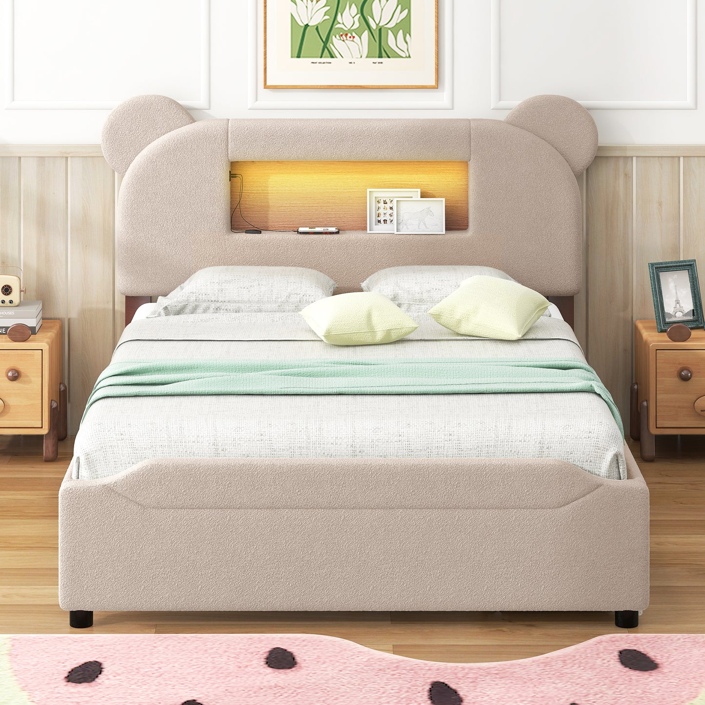 Full Size Upholstered Storage Platform Bed with Cartoon Ears Shaped Headboard, LED and USB, Beige