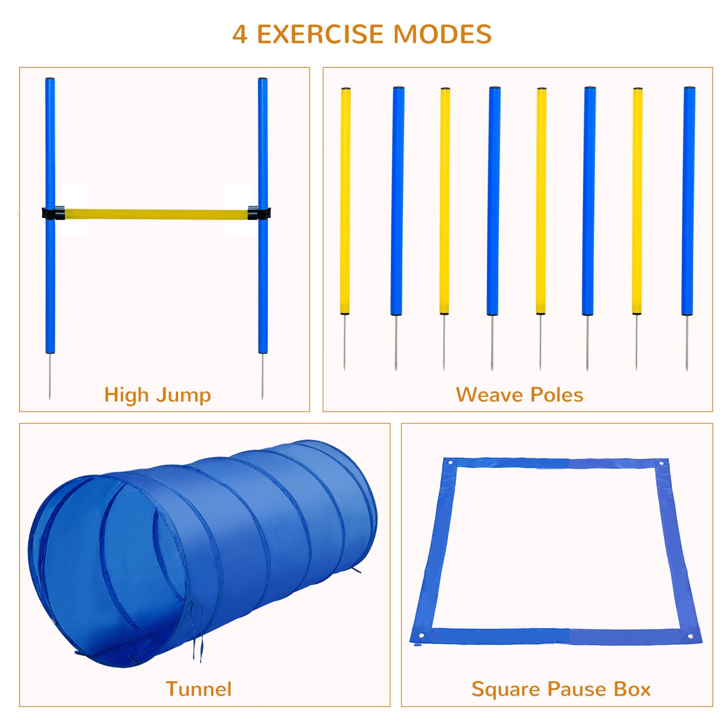 PawHut 4PC Obstacle Dog Agility Training Course with Jump Hurdle, Tunnel, Pause Box, Weave Poles and Carrying Bag, Backyard Competitive Equipment- Blue/Yellow