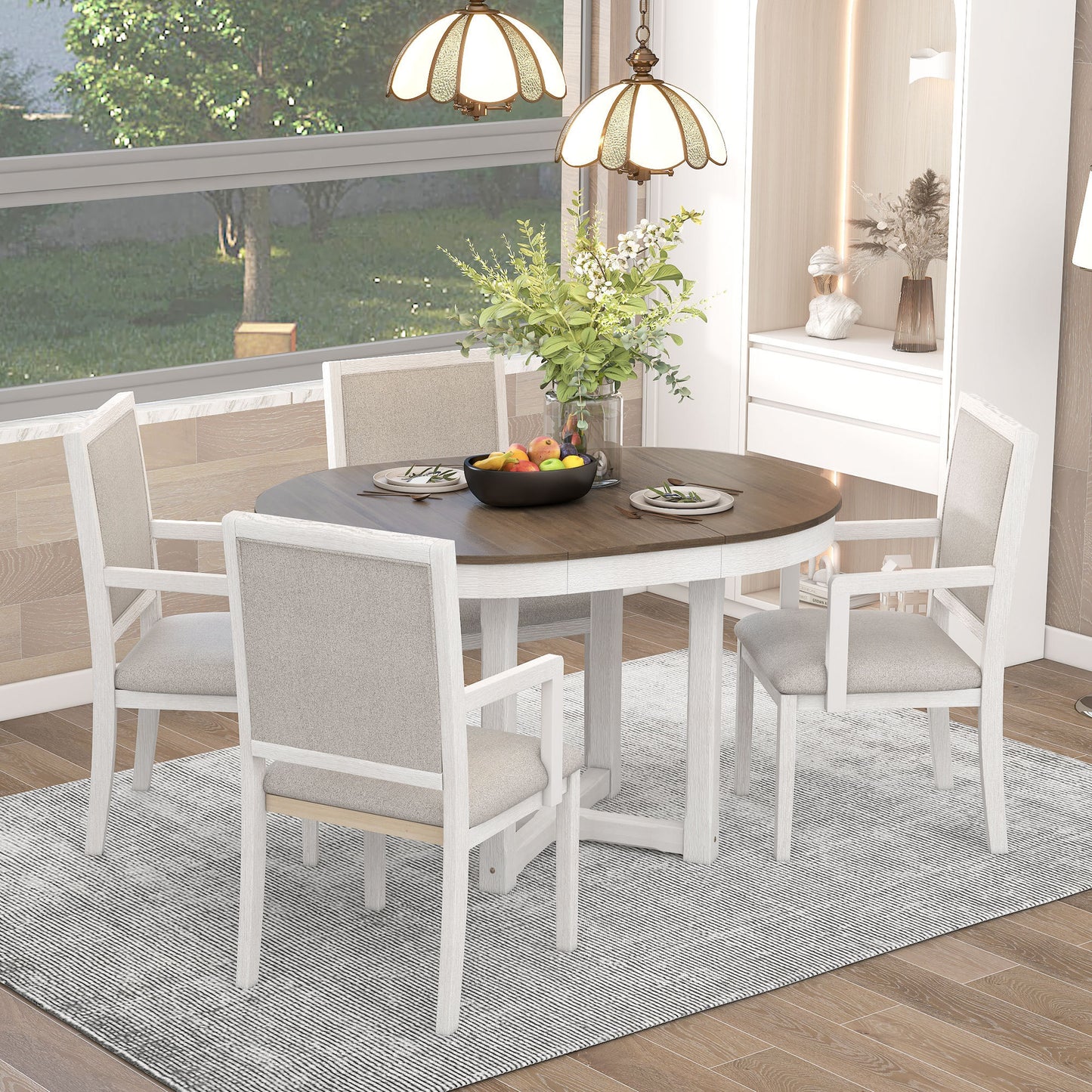 TREXM 5-Piece Dining Table Set, Two-Size Round To Oval Extendable Butterfly Leaf Wood Dining Table and 4 Upholstered Dining Chairs with Armrests (Brown+White)