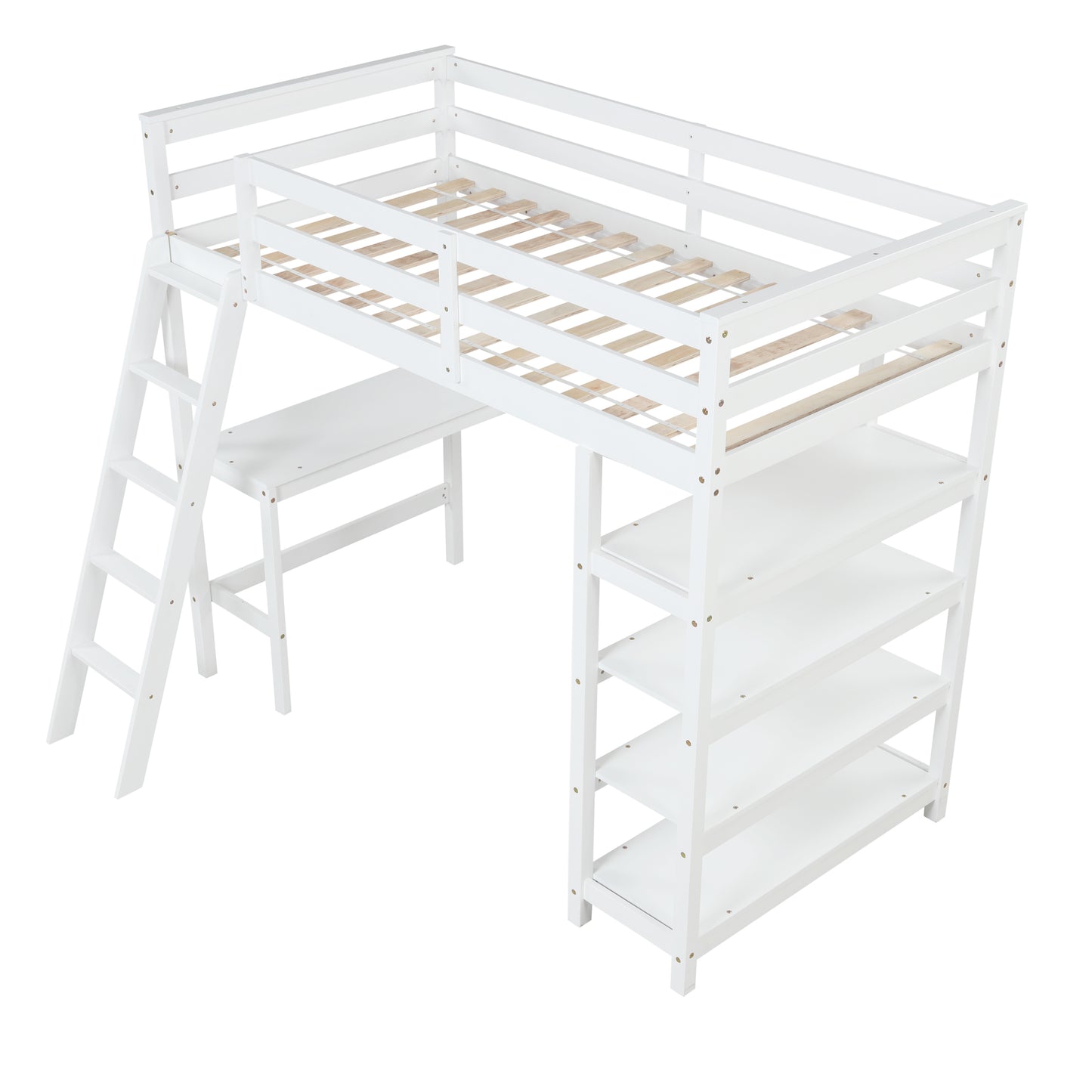 Twin Loft Bed with desk,ladder,shelves , White