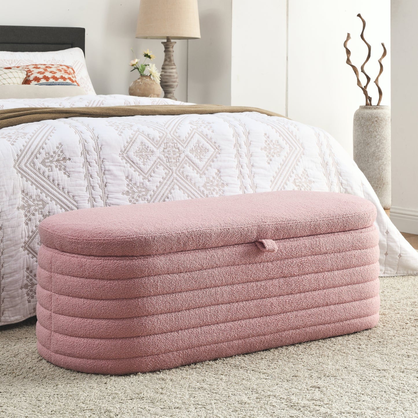 [Video] Welike Length 45.5 inchesStorage Ottoman Bench Upholstered Fabric Storage Bench End of Bed Stool with Safety Hinge for Bedroom, Living Room, Entryway, pink teddy.