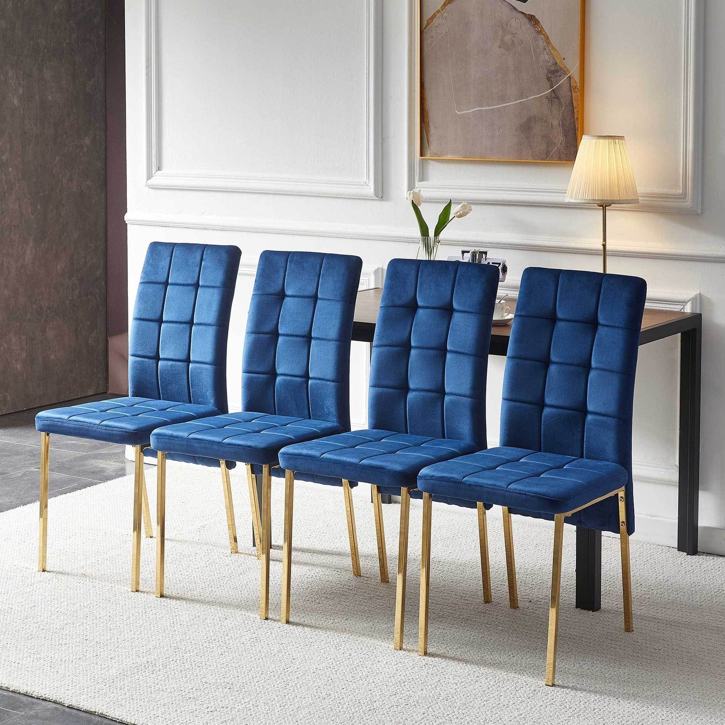 5-Piece Dining Set Including Blue Velvet High Back Golden Color Legs Nordic Dining Chair & Creative Design MDF Dining Table