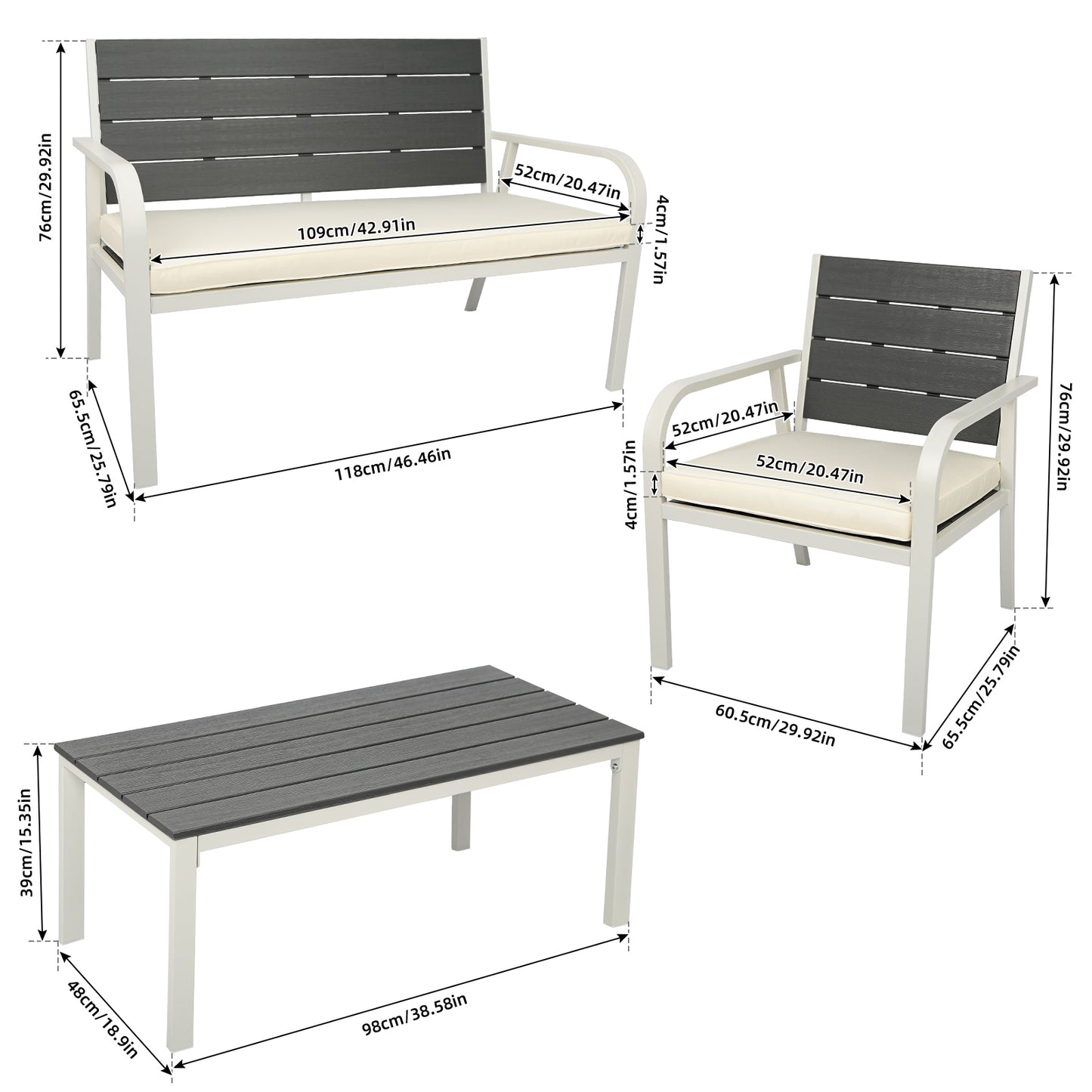 4-Piece White Outdoor Patio Furniture Set with Wood Grain Design