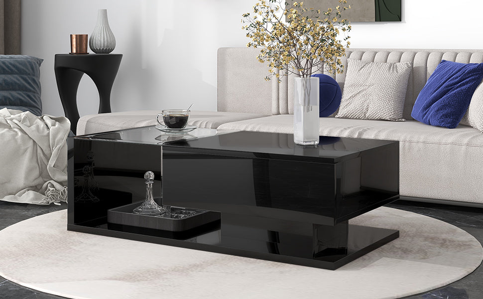 Elegant Black Modernist Coffee Table with Glass Top and Storage Shelf