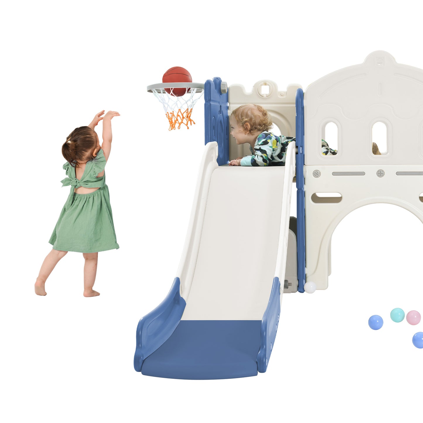 Kids Slide Playset Structure, Freestanding Castle Climber with Slide and Basketball Hoop, Toy Storage Organizer for Toddlers, Kids Climbers Playhouse for Indoor Outdoor Playground Activity.