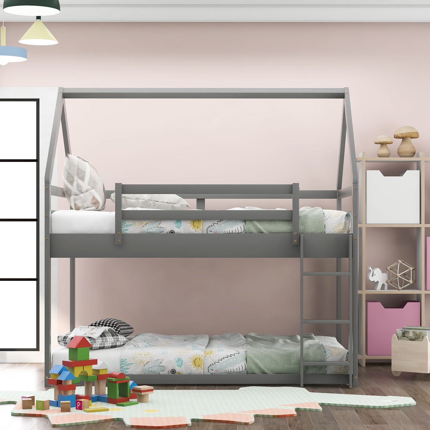 Gray House-Shaped Twin Over Twin Low Bunk Bed