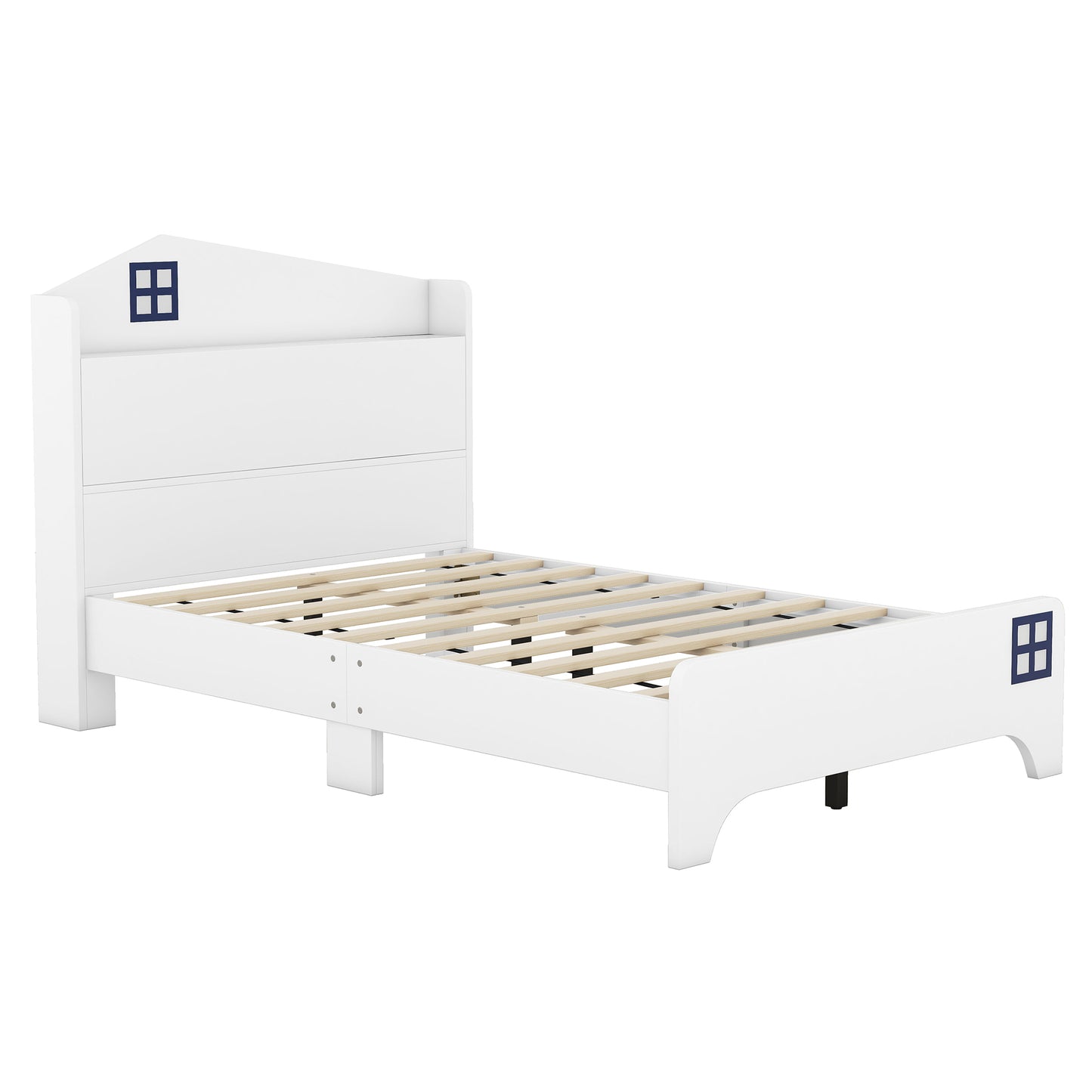 Wooden Twin Size House Bed with Storage Headboard ,Kids Bed with Storage Shelf, White