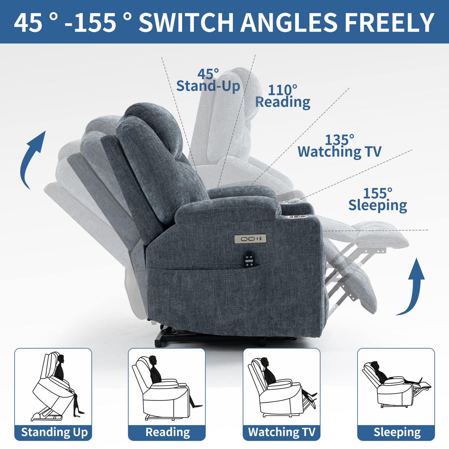 Blue Chenille Power Lift Recliner Chair with Massage and Lumbar Heating