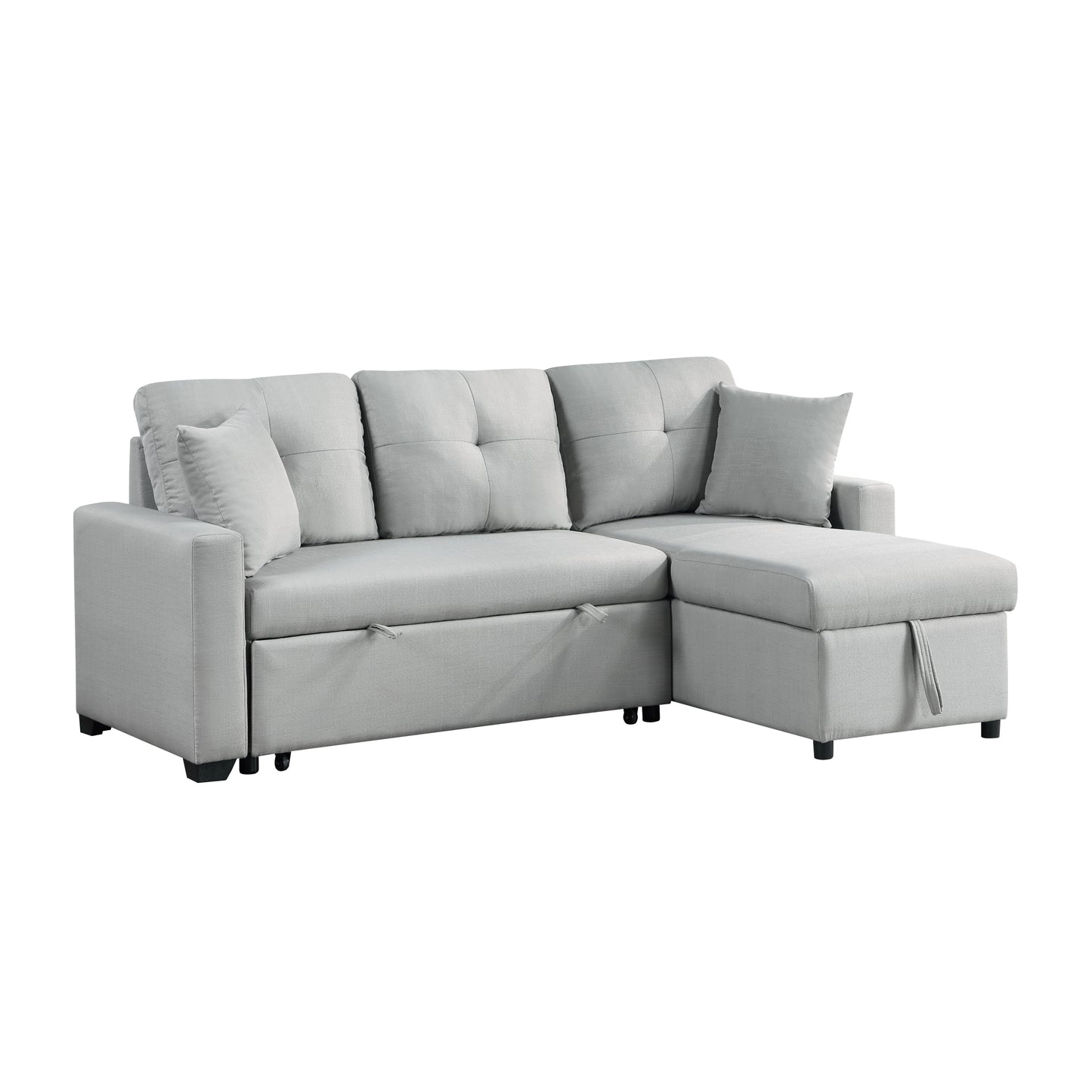 Gray Linen Reversible Sleeper Sectional Sofa with Storage Chaise and Matching Throw Pillows