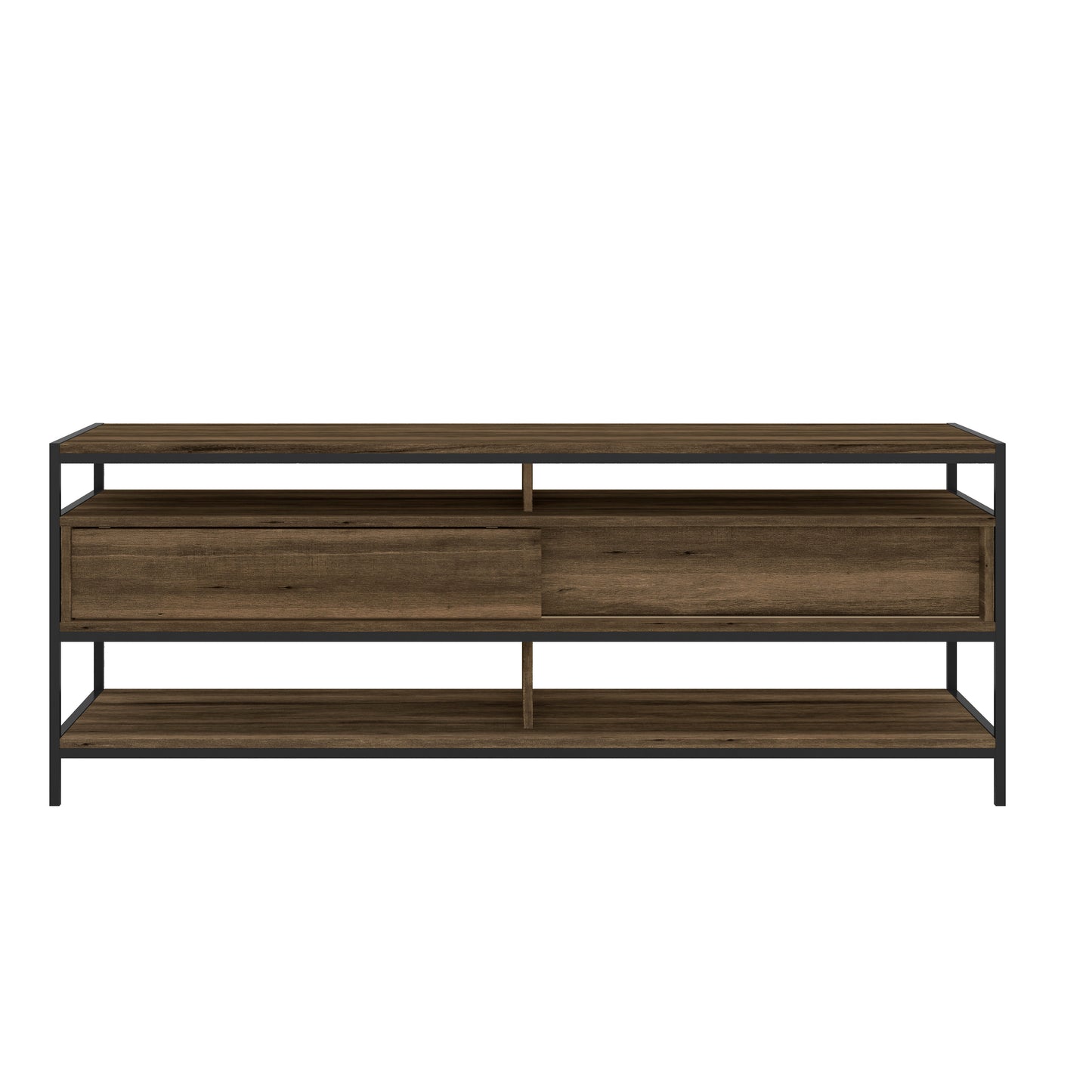 58 Inch Modern Wood and Metal TV Stand with 2 Drawers, Brown and Black