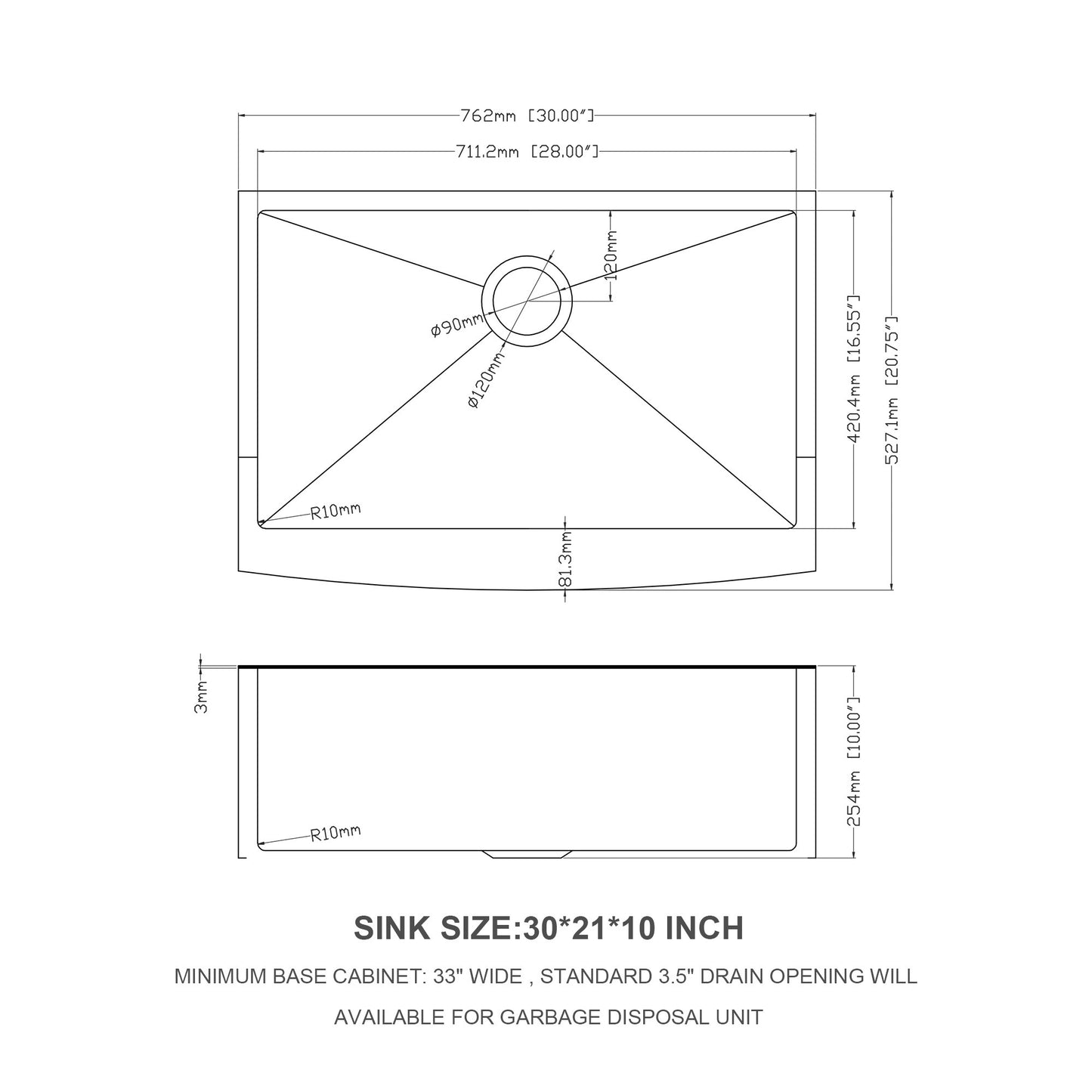 Golden 30-Inch Stainless Steel Farmhouse Kitchen Sink