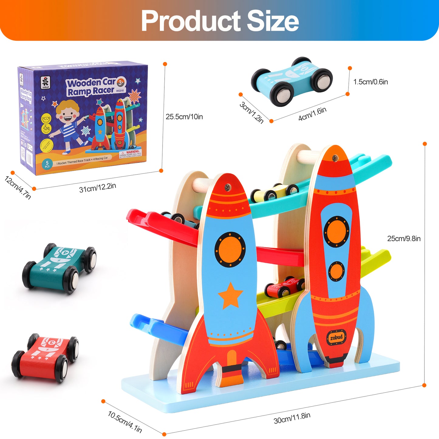 Colorful Wooden Toy Car Ramp Racer Set with 4 Cars