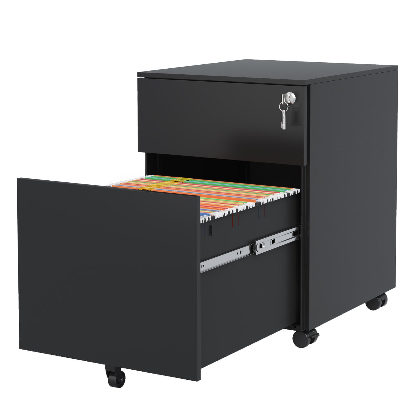 Steel 2 Drawer Mobile File Cabinet with Lock and Wheels, Black