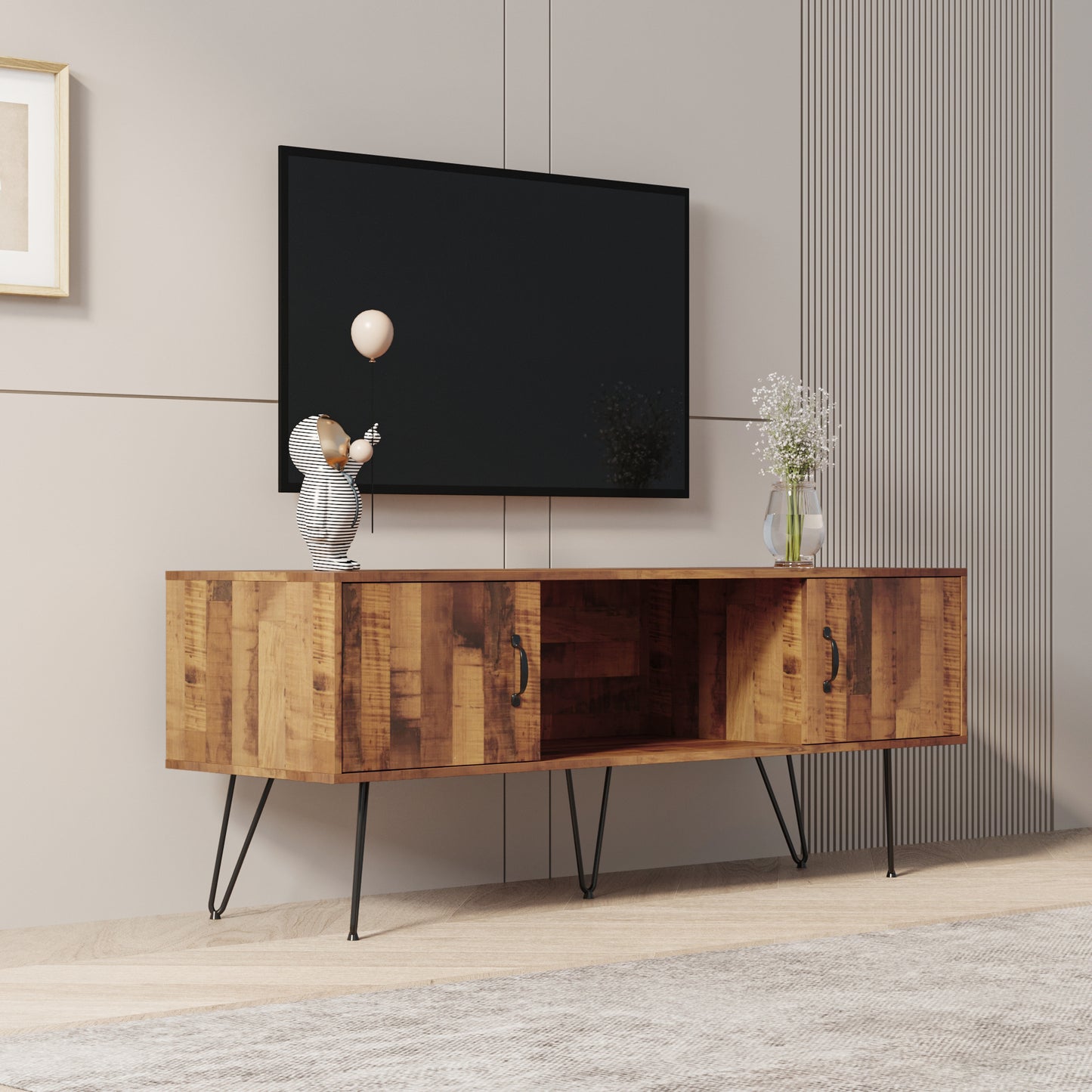 60-Inch Wide Rustic TV Stand with Storage Shelves and Cabinets