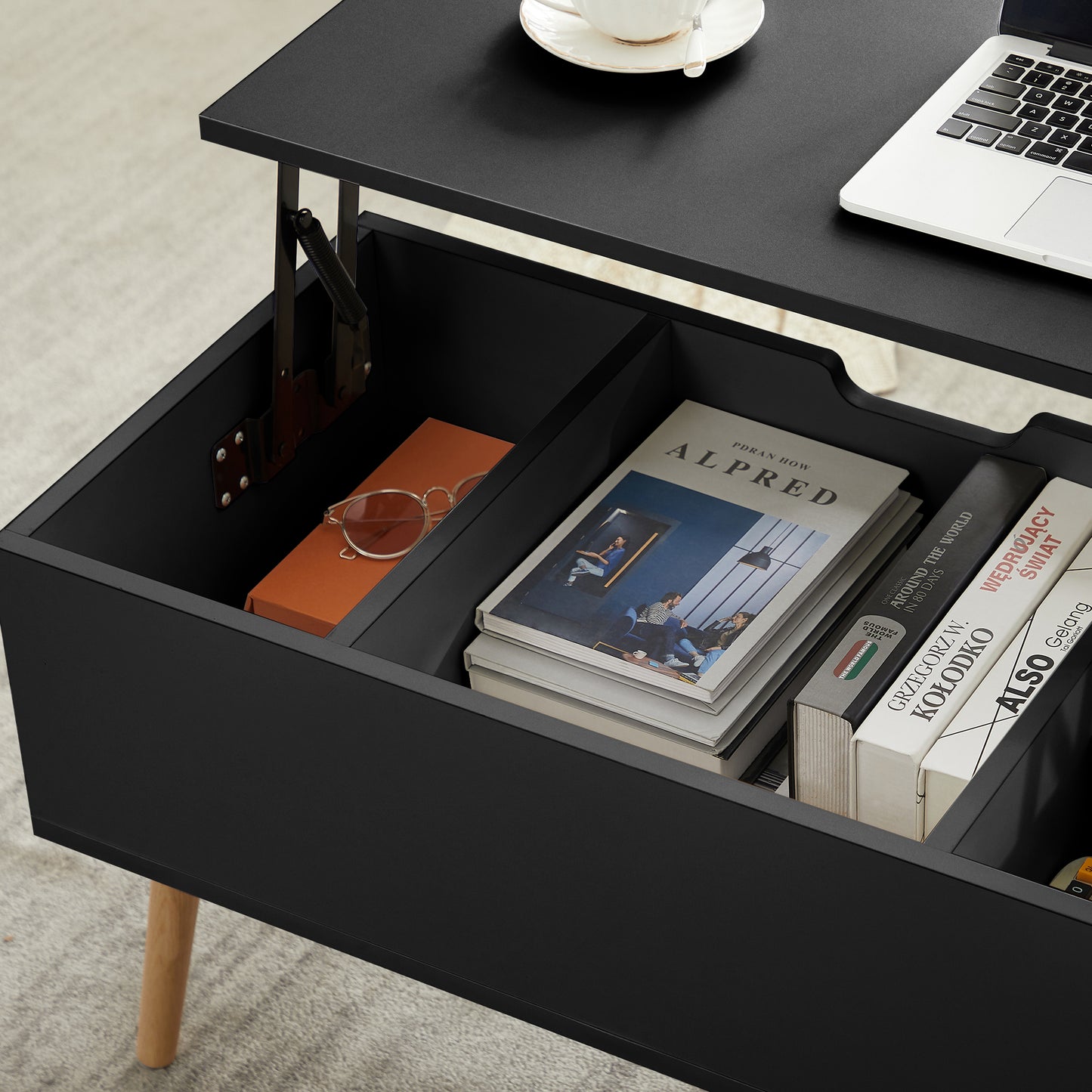 Elegant Lift-Top Coffee Table with Hidden Compartment and Solid Wood Legs