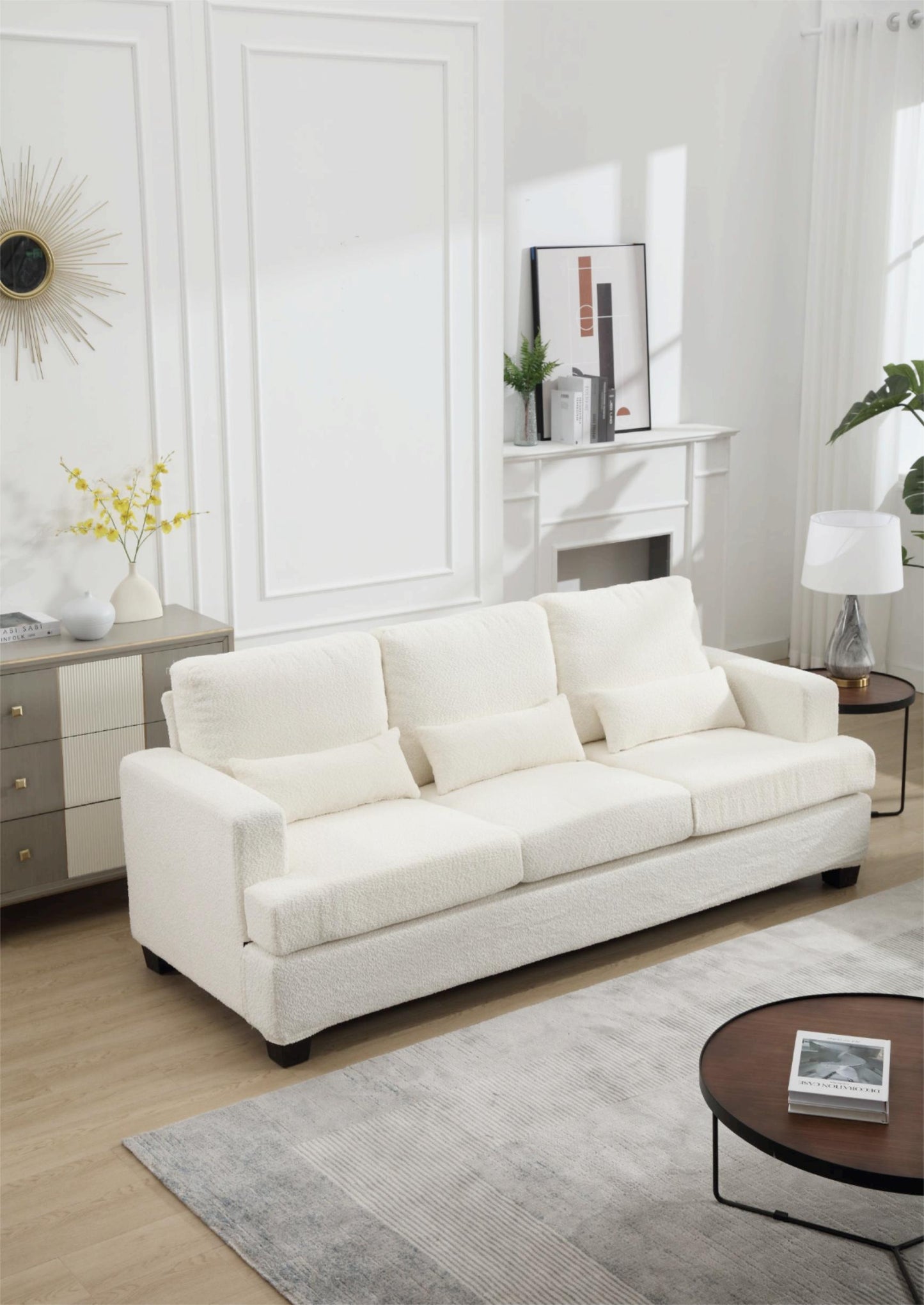 Elegant 3-Seater Modern White & Gray Sofa with Square Armrests and Removable Cushions