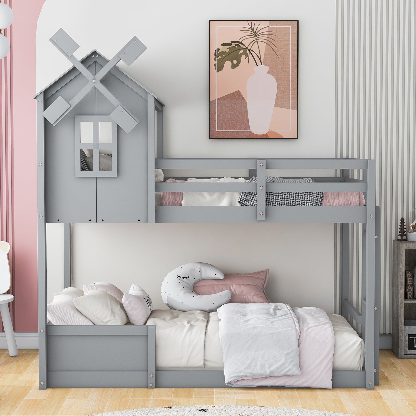 Gray Windmill Twin Bunk Bed with Roof and Window