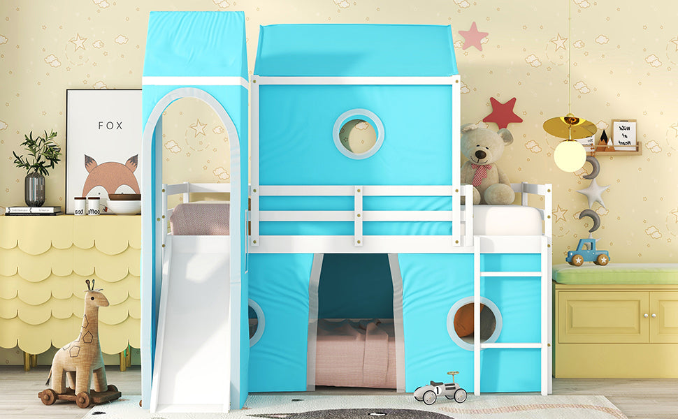 Blue Castle Loft Bed with Slide and Tower for Kids