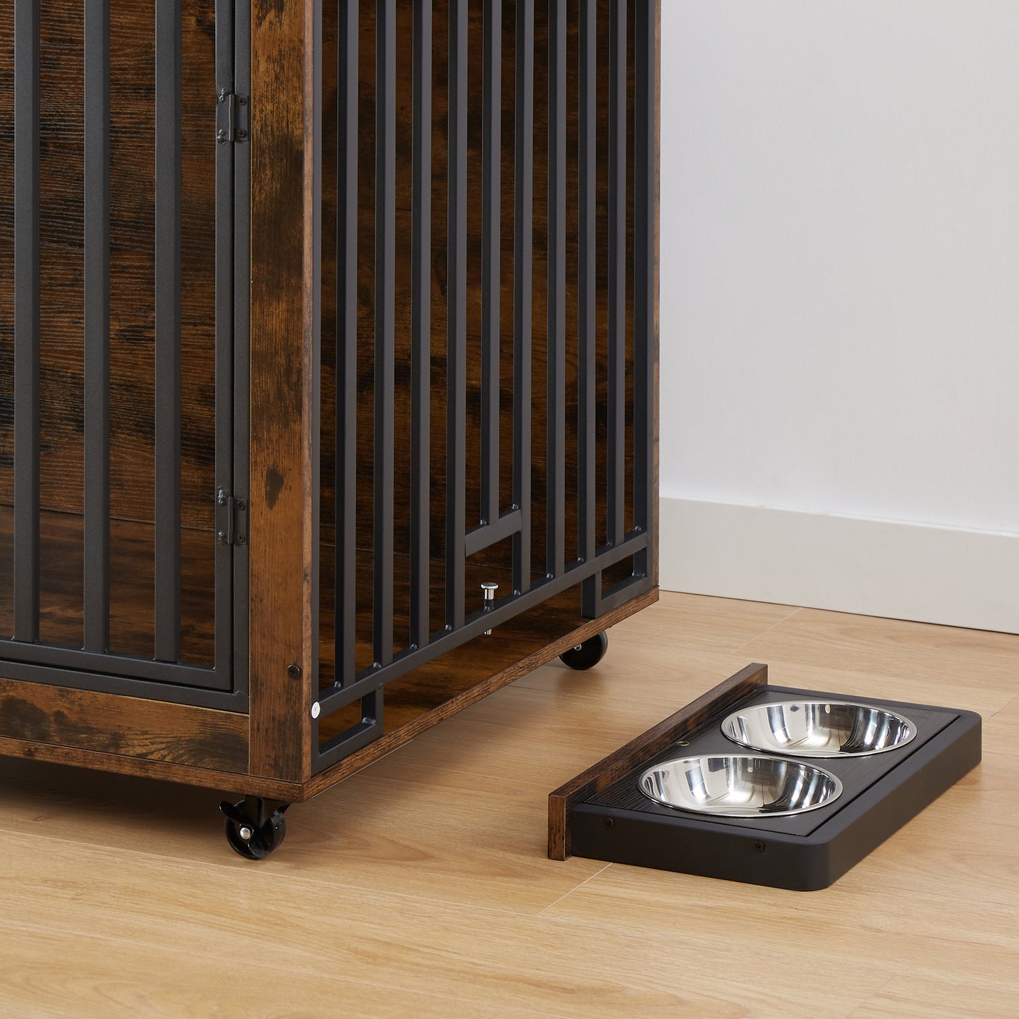 Furniture Style Dog Crate Side Table With Feeding Bowl, Wheels, Three Doors, Flip-Up Top Opening. Indoor, Rustic Brown, 38.58"W x 25.2"D x 27.17"H