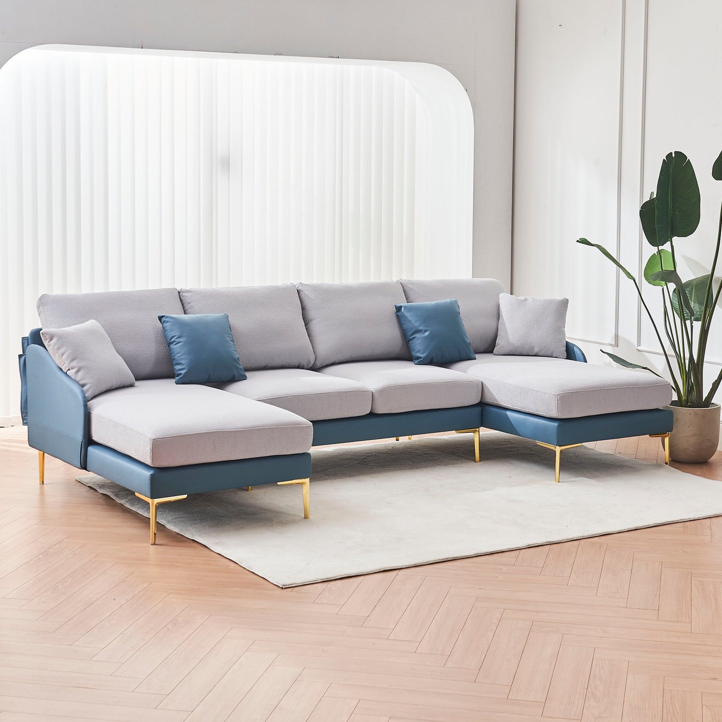 Modern large area Linen+Leathaire fabric color matching segmented sofa, ultra wide lounge chair, golden legs, U-shaped, blue+light gray