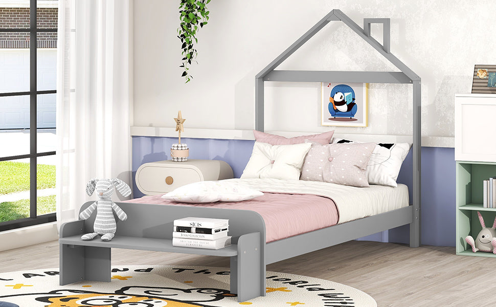 Twin Size Wood Platform Bed with House-shaped Headboard and Footboard Bench,Grey