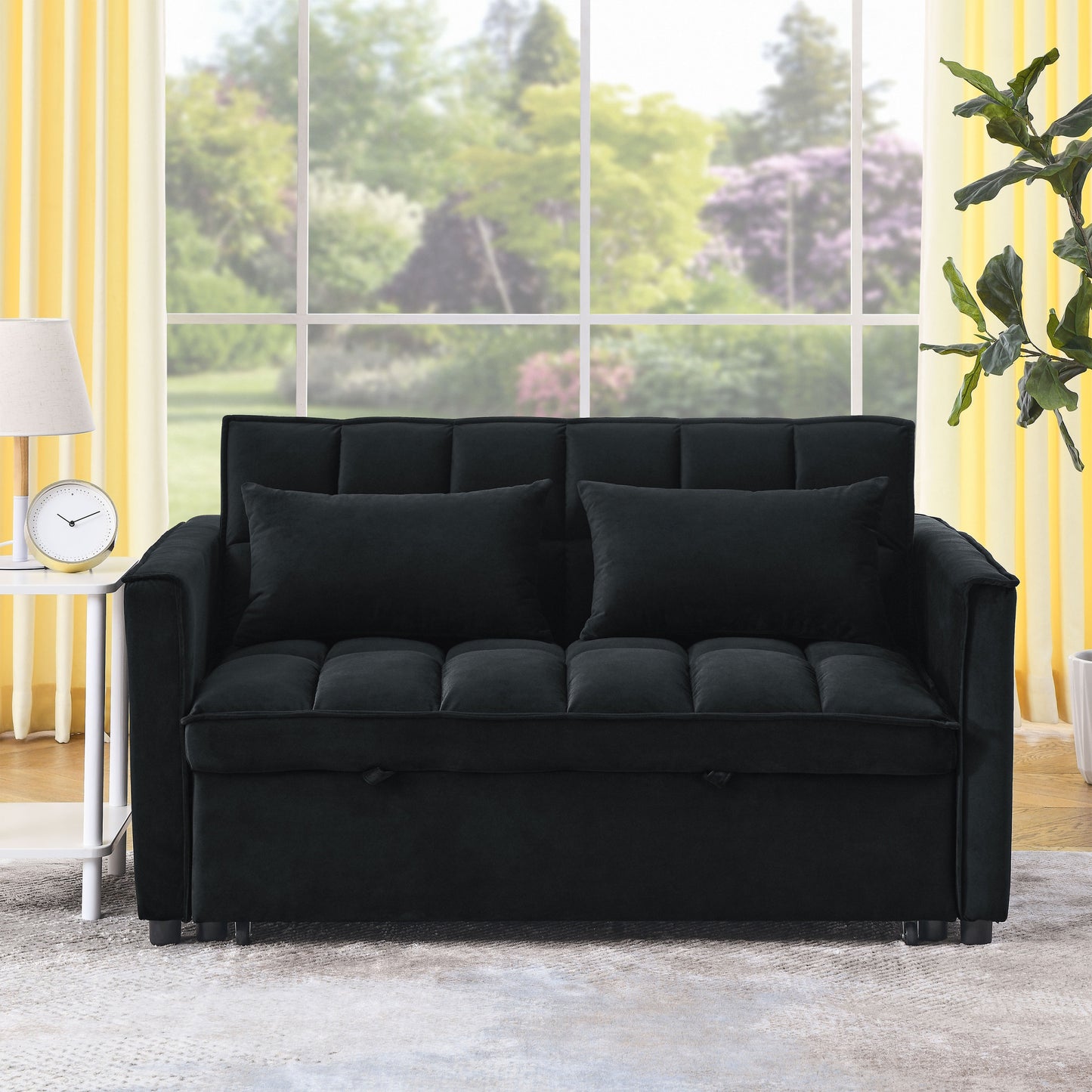 Sleeper Sofa, Convertible Sofa, Recliner, Bed, 3-in-1, 3-Position Adjustable Backrest, 2-Seater Sectional, Two Side Pockets, 2 Pillows for Living Room, Apartment, etc., Velvet Black 54" Wide.