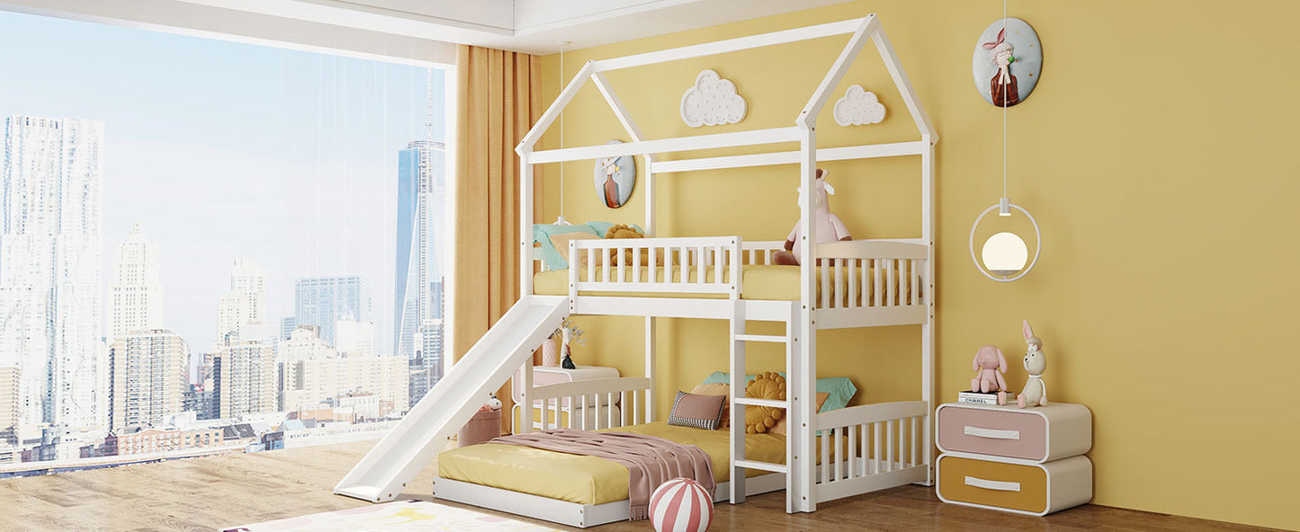 White Twin Over Twin Bunk Bed with Slide and Playhouse