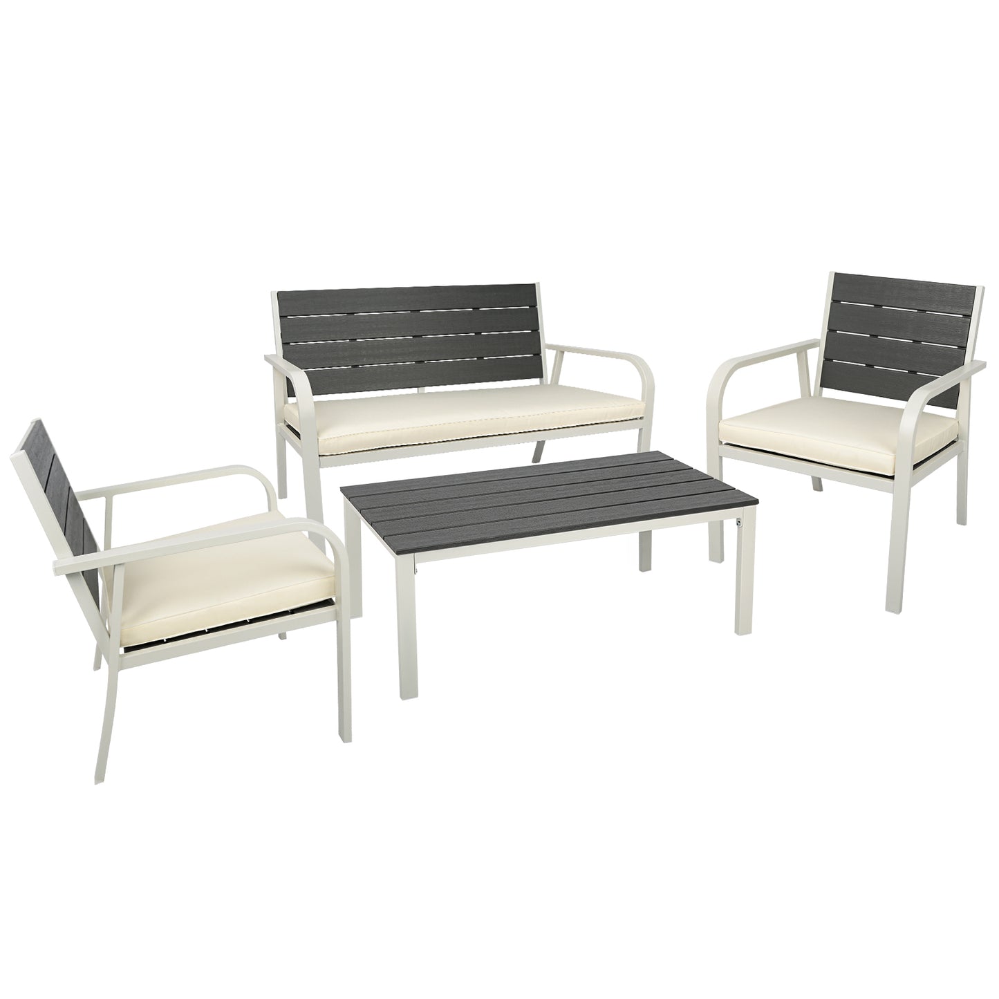 4-Piece White Outdoor Patio Furniture Set with Wood Grain Design