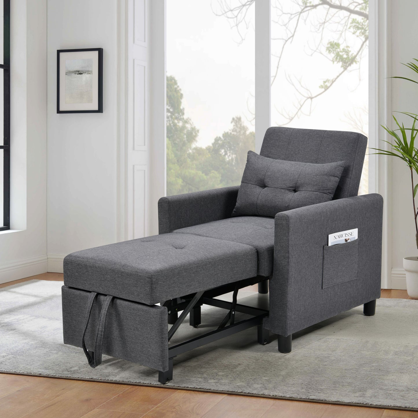 Single Sofa Bed with Pullout Sleeper, Convertible Folding Futon Chair, Lounge Chair Set with 1pc Lumbar pillow, Drak Gray color fabric