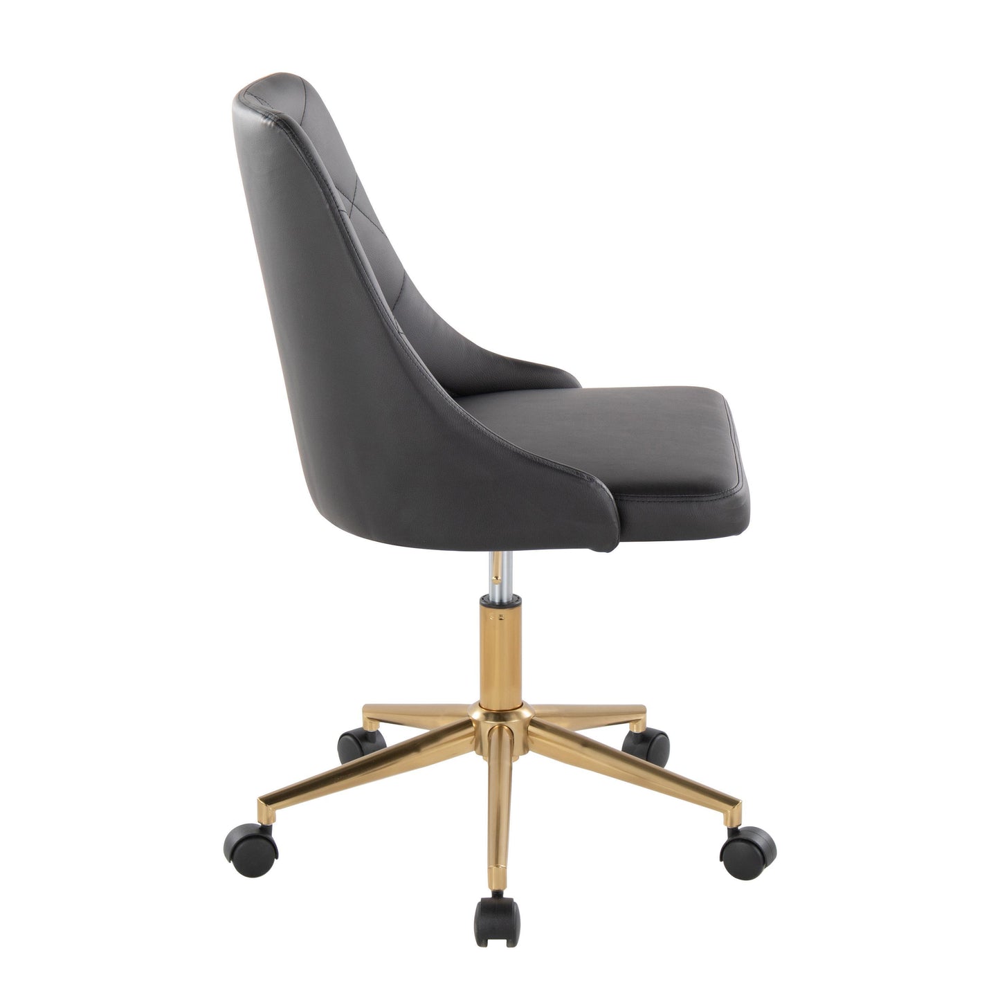 Marche Contemporary Swivel Task Chair with Casters in Gold Metal and Black Faux Leather by LumiSource