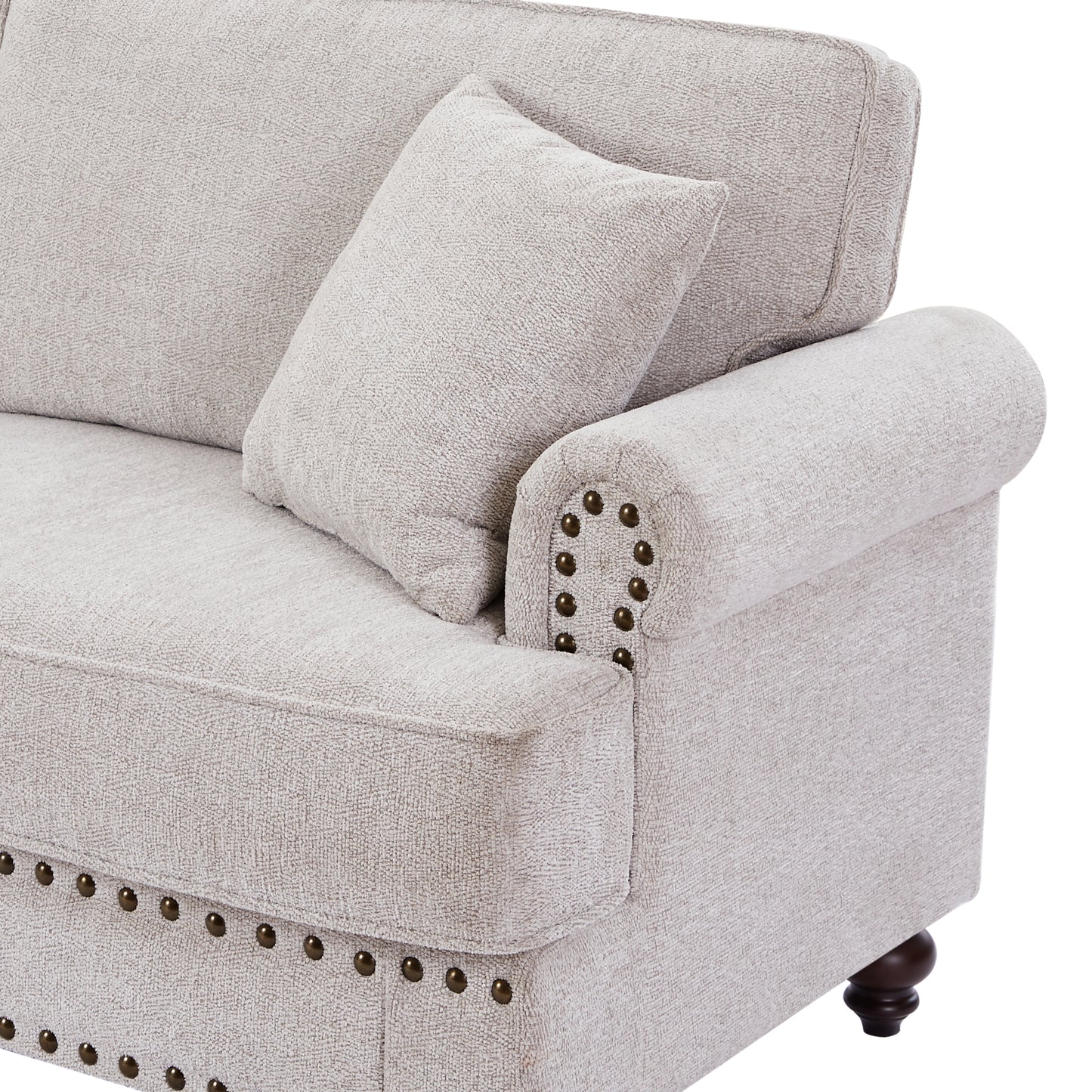 Elegant Chenille Upholstered 61 Love Seat with Armrests and Nails (White)