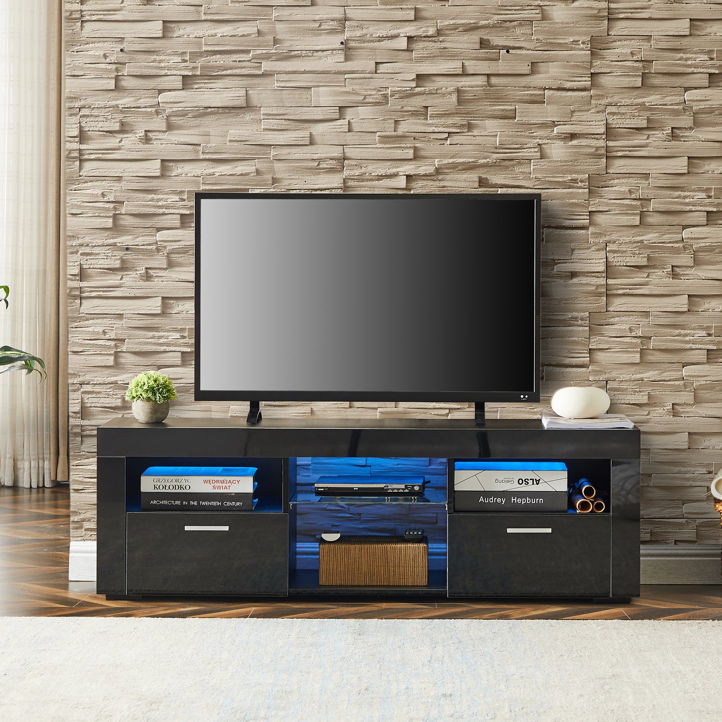 Modern Black TV Stand with LED Lights and High Gloss Front Cabinet - Versatile Assembly for Any Room - Black Color