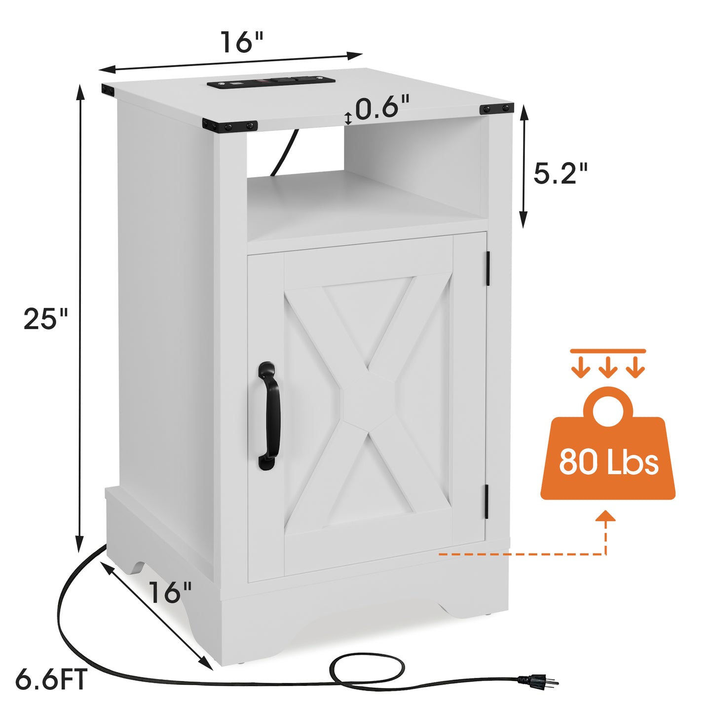 Farmhouse Nightstand Side Table, Wooden Rustic End Table, Tall Bedside Table with Electrical Outlets Charging Station  - White