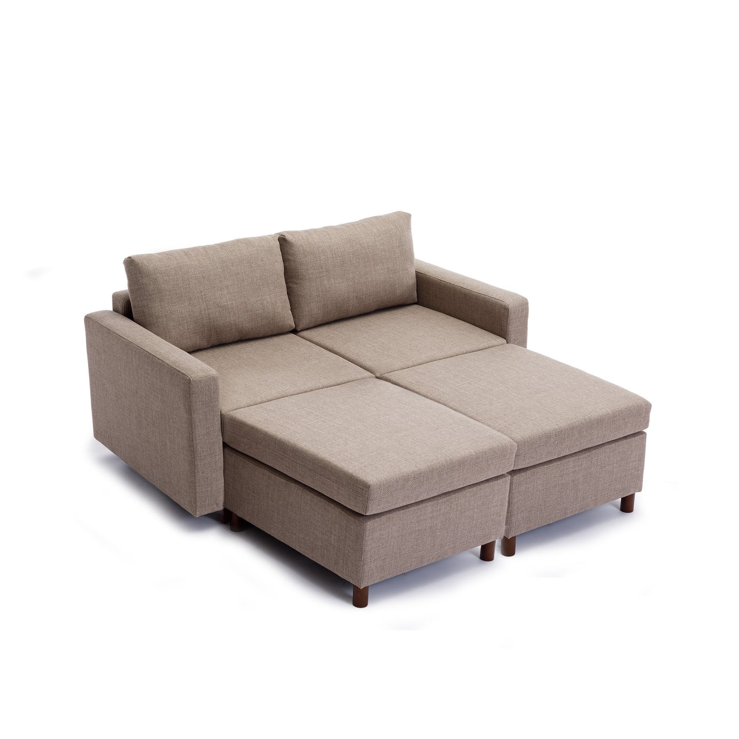 2 Seater Modular Sectional Sofa Set with 2 Ottomans for Living Room, Brown Linen Upholstery