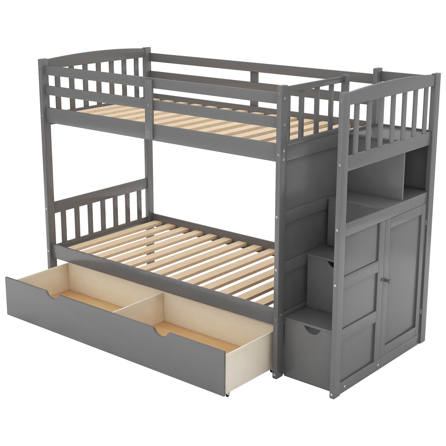 Storage Solution Gray Twin over Full Bunk Bed with Shelves and Drawers