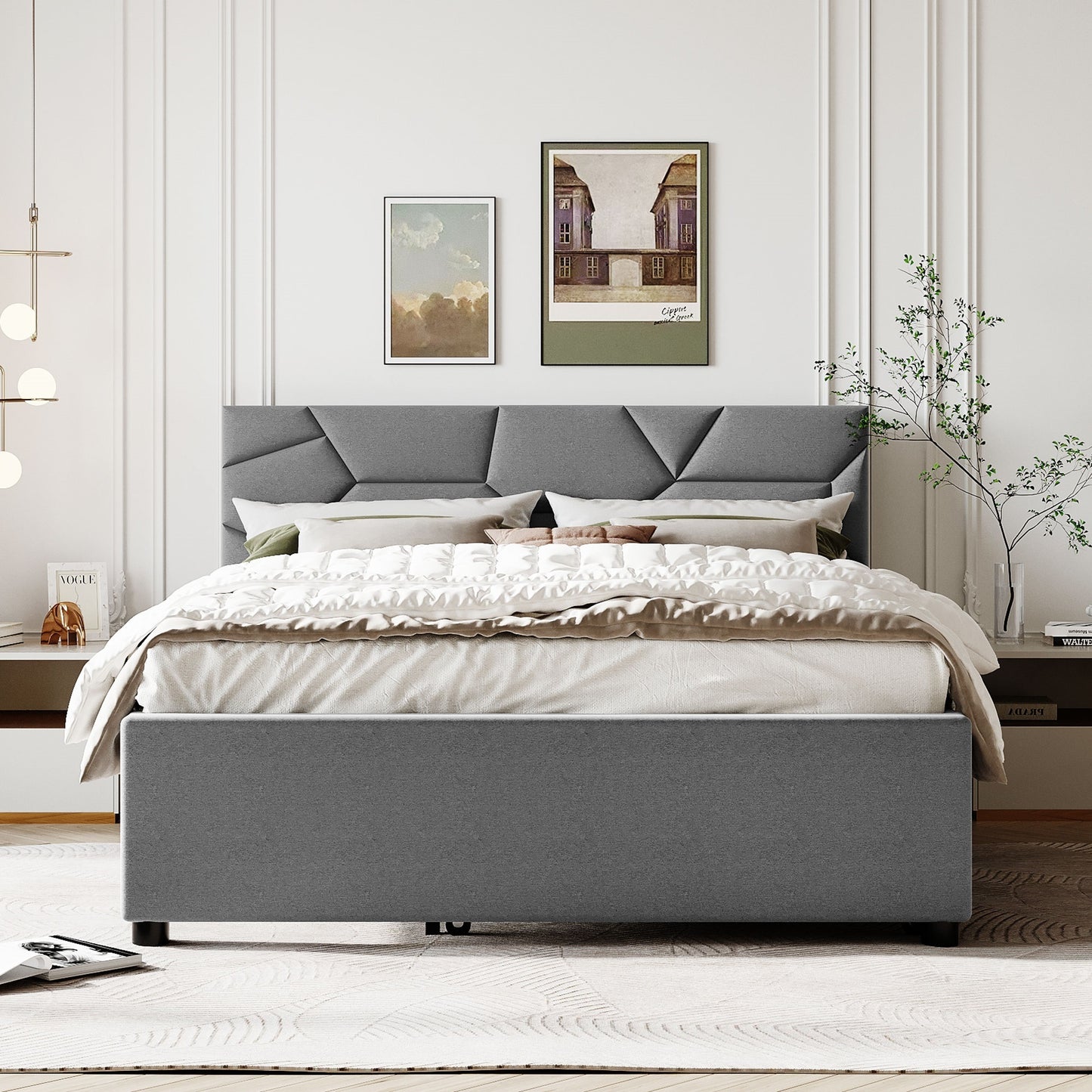 Queen Size Upholstered Platform Bed with Brick Pattern Headboard and Twin XL Size Trundle, Linen Fabric, Gray