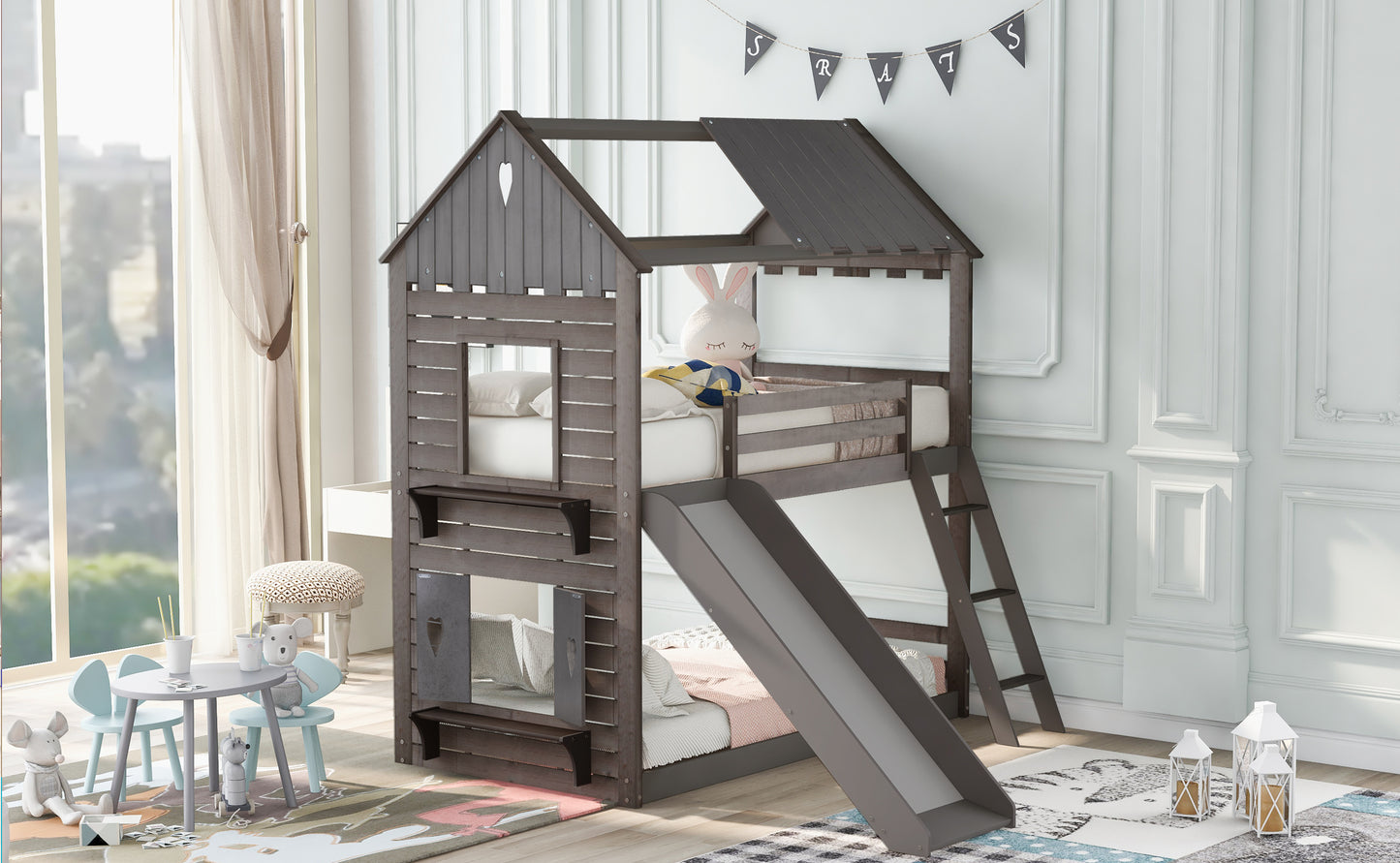 Roof and Window Twin Bunk Bed in Antique Gray Graphite