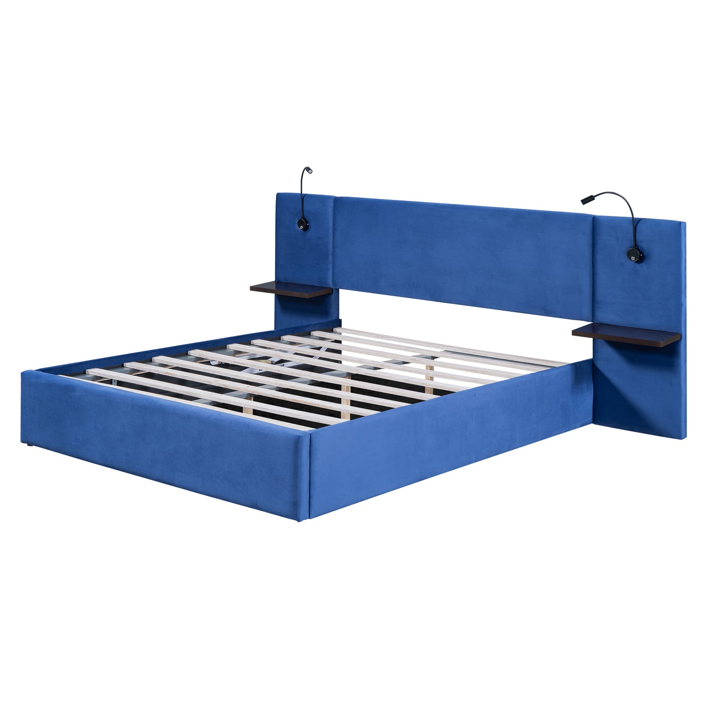 Queen Size Storage Upholstered Hydraulic Platform Bed with 2 Shelves, 2 Lights and USB, Blue