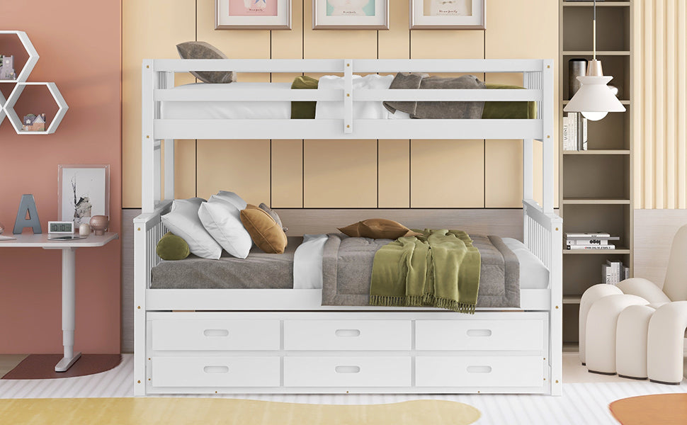 Playful Twin-Over-Full Bunk Bed with Trundle and Drawers - White